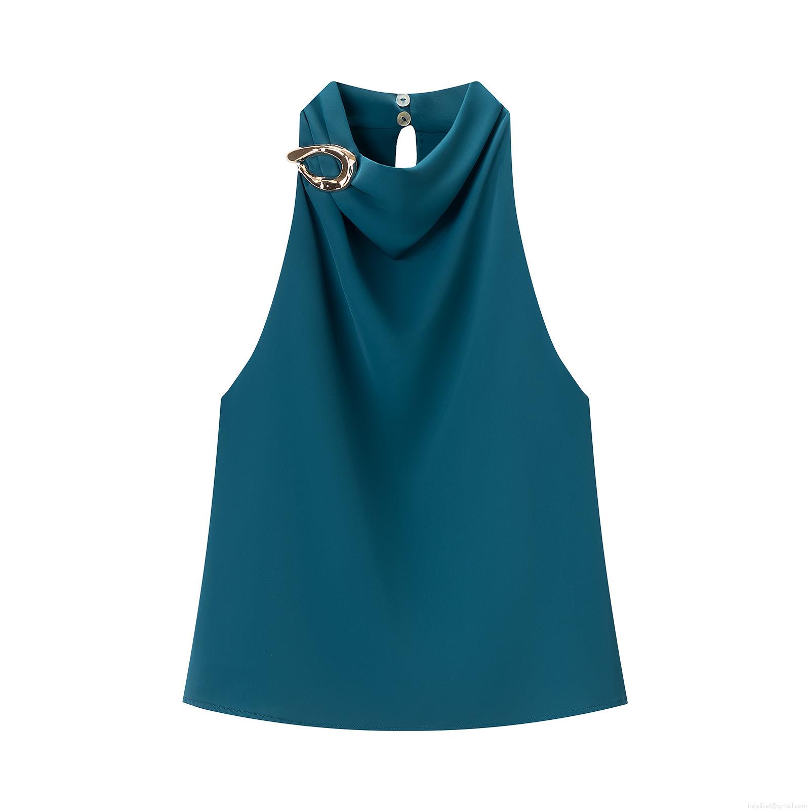 Women's Halter Neck Sleeveless Top Elegant Satin Blouse with Gold Metal Ring Accessory Solid Color Backless Keyhole Shirt for Party Clubwear Fashion