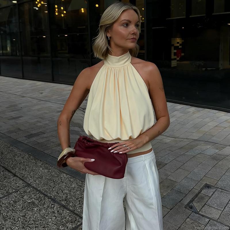 Sexy Women Halter Neck Backless Tank Top Pleated Satin Design Slim Fit Tie-Up Navel Cami Top For Party Clubwear Summer Sleeveless Polyester Blouse