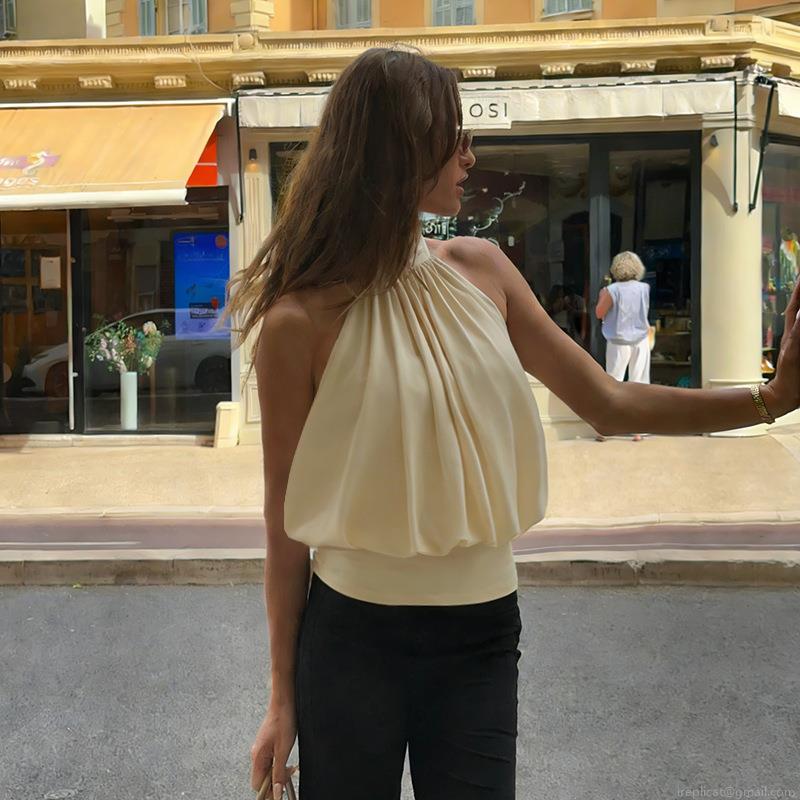 Sexy Women Halter Neck Backless Tank Top Pleated Satin Design Slim Fit Tie-Up Navel Cami Top For Party Clubwear Summer Sleeveless Polyester Blouse