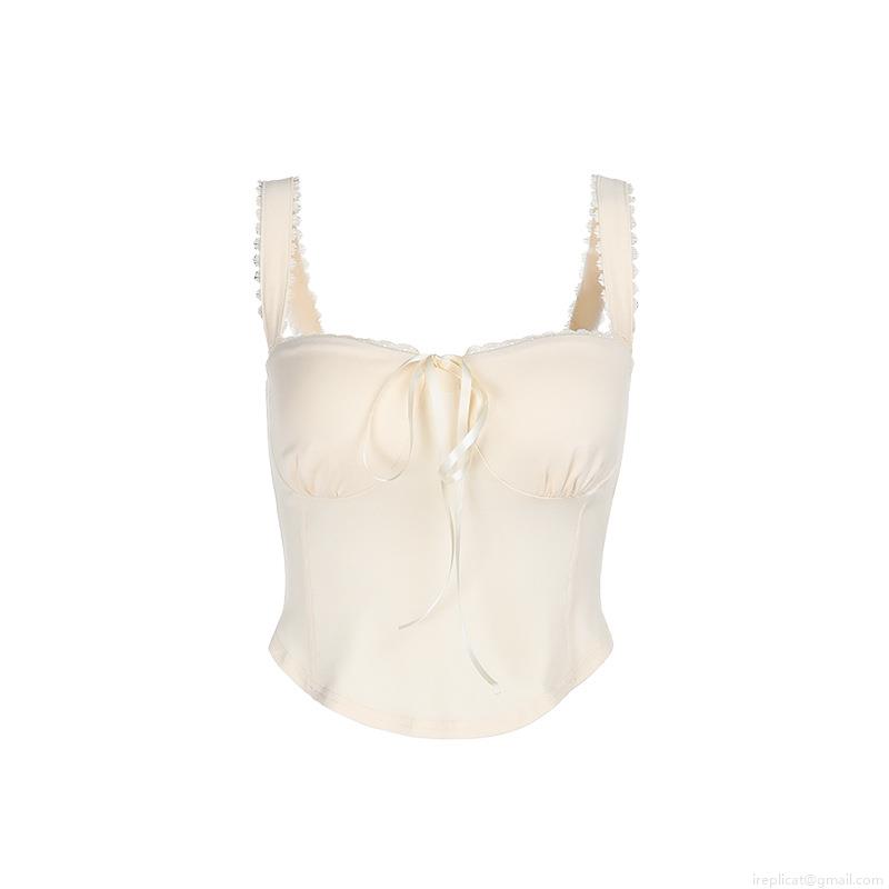 Women's Sexy Slim Fit Corset Cami Top Lace Trim Ribbon Bow V Neck Sleeveless Tank Top Elegant Summer Party French Retro Polyester Spandex Camisole