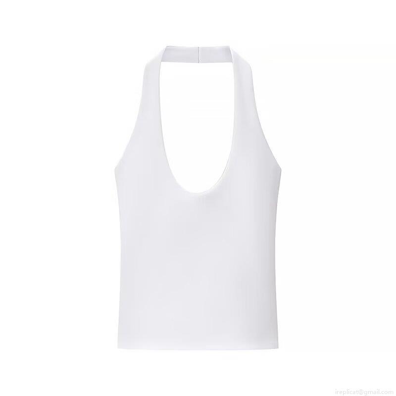 Women's Slim Fit Halter Neck T-Shirt Solid Color Ribbed Knit Polyester Sleeveless Backless Top For Summer Party Casual Wear