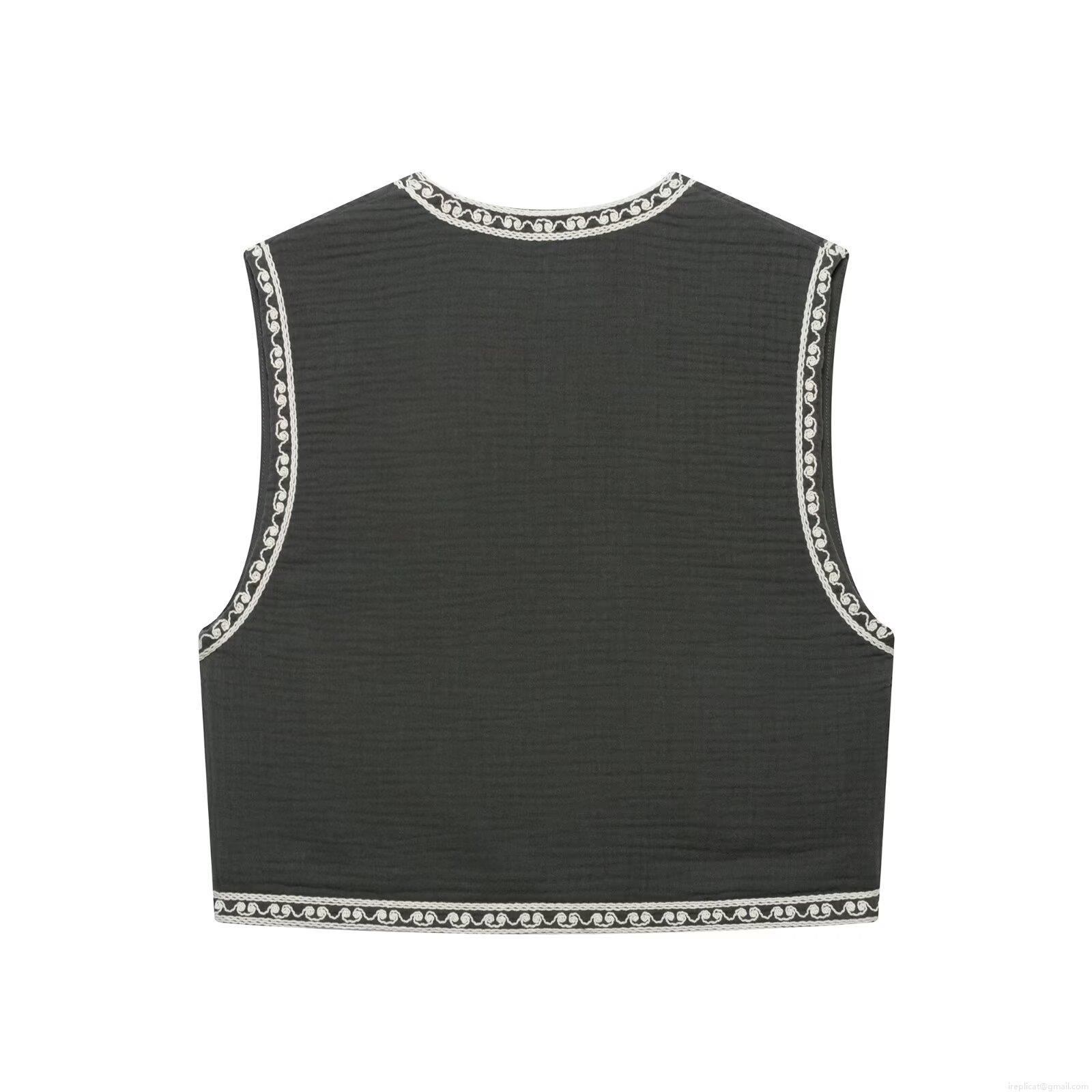 Women Retro Floral Embroidered Short Vest V Neck Sleeveless Boho Ethnic Waistcoat Open Front Lightweight Polyester Casual Outerwear Fashion Top For Women