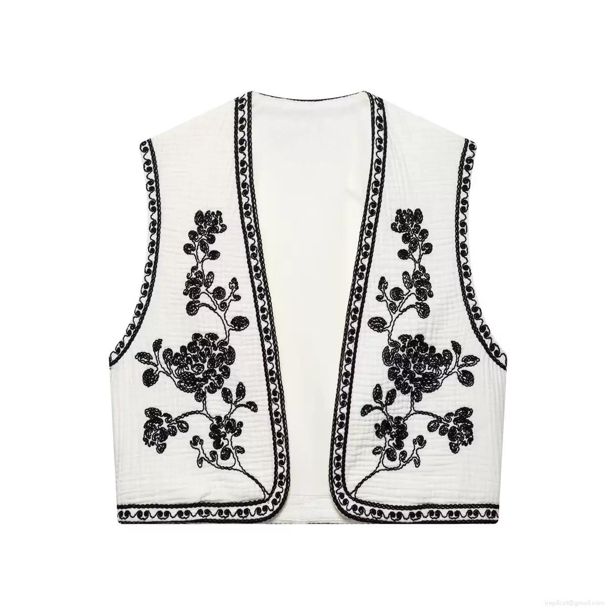 Women Retro Floral Embroidered Short Vest V Neck Sleeveless Boho Ethnic Waistcoat Open Front Lightweight Polyester Casual Outerwear Fashion Top For Women