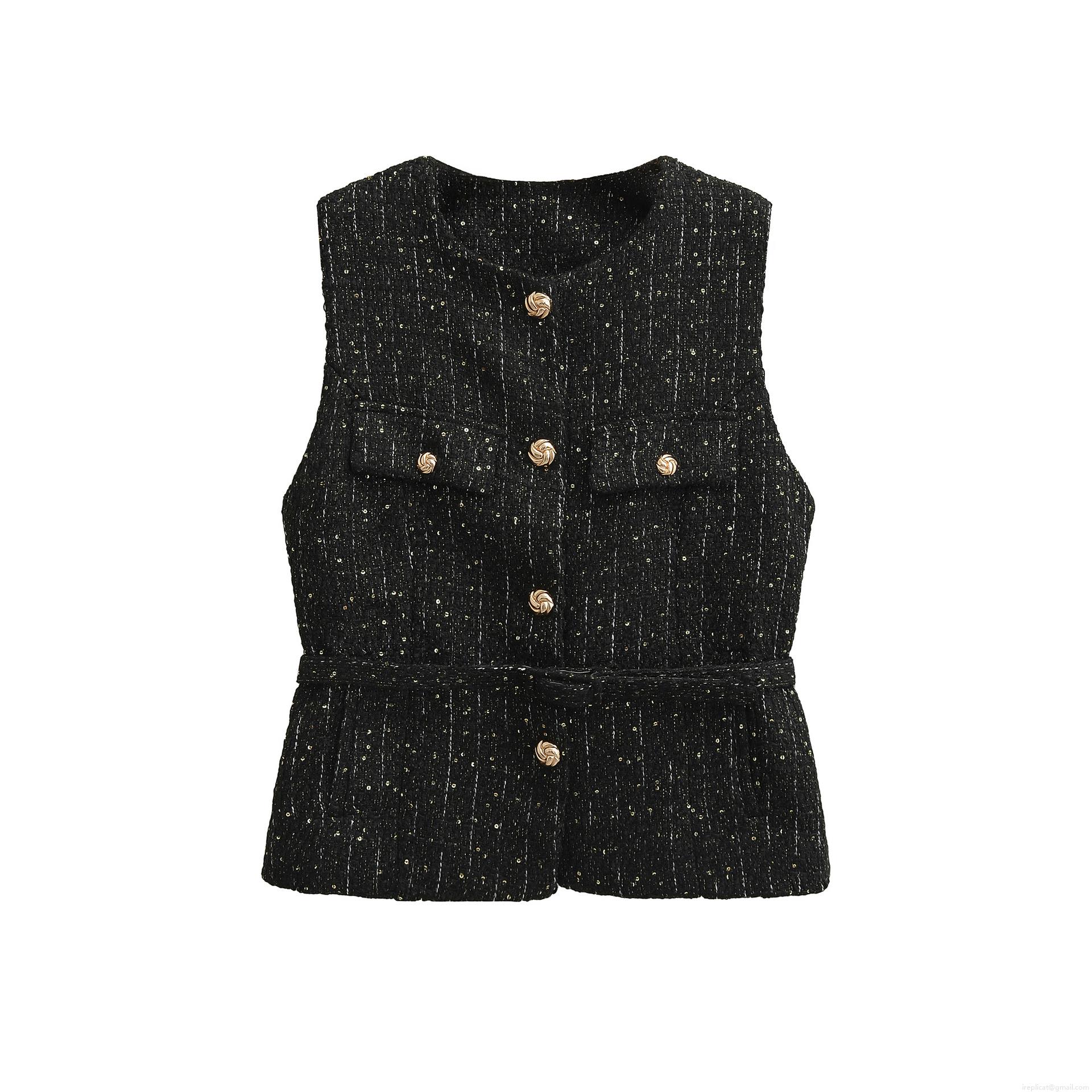 Women's Elegant Tweed Vest With Gold Buttons Shiny Sequin Sleeveless Chanel Style Waistcoat For Daily Office Party Lady Fashion Tops