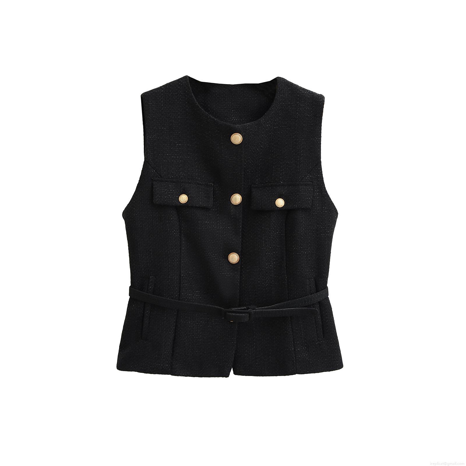 Women's Elegant Tweed Vest With Gold Buttons Shiny Sequin Sleeveless Chanel Style Waistcoat For Daily Office Party Lady Fashion Tops