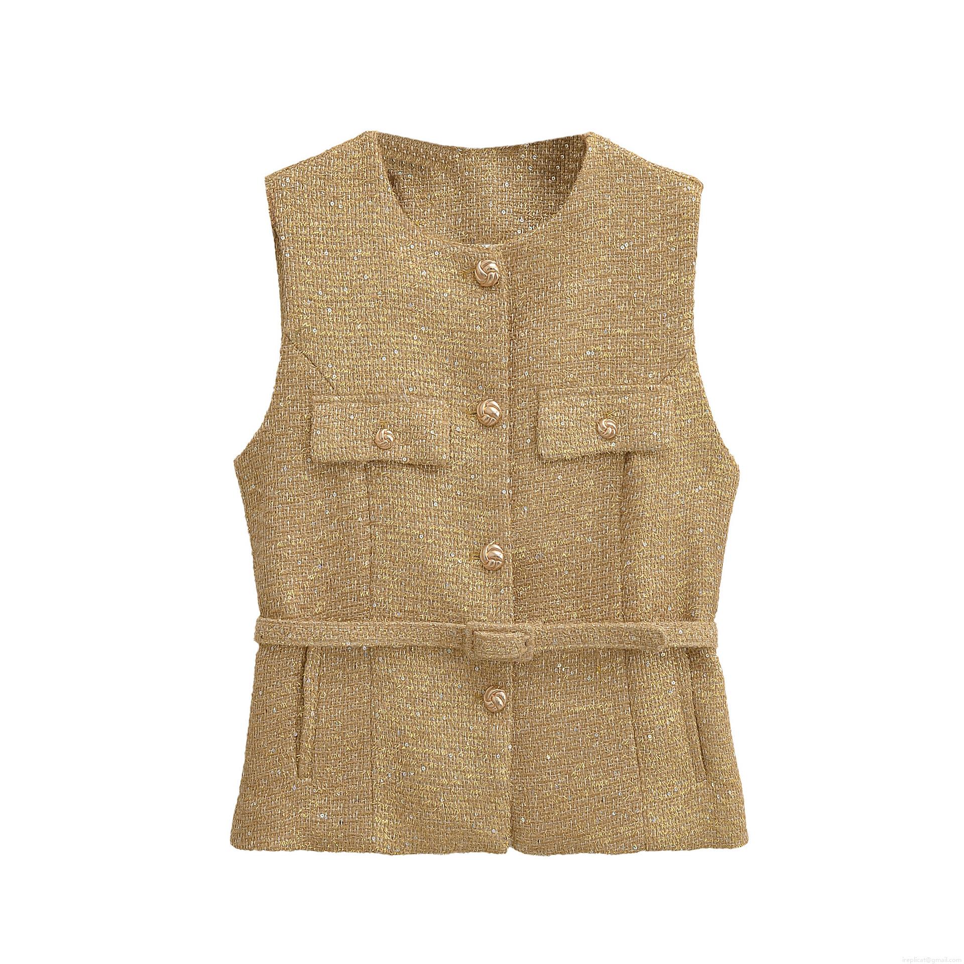 Women's Elegant Tweed Vest With Gold Buttons Shiny Sequin Sleeveless Chanel Style Waistcoat For Daily Office Party Lady Fashion Tops