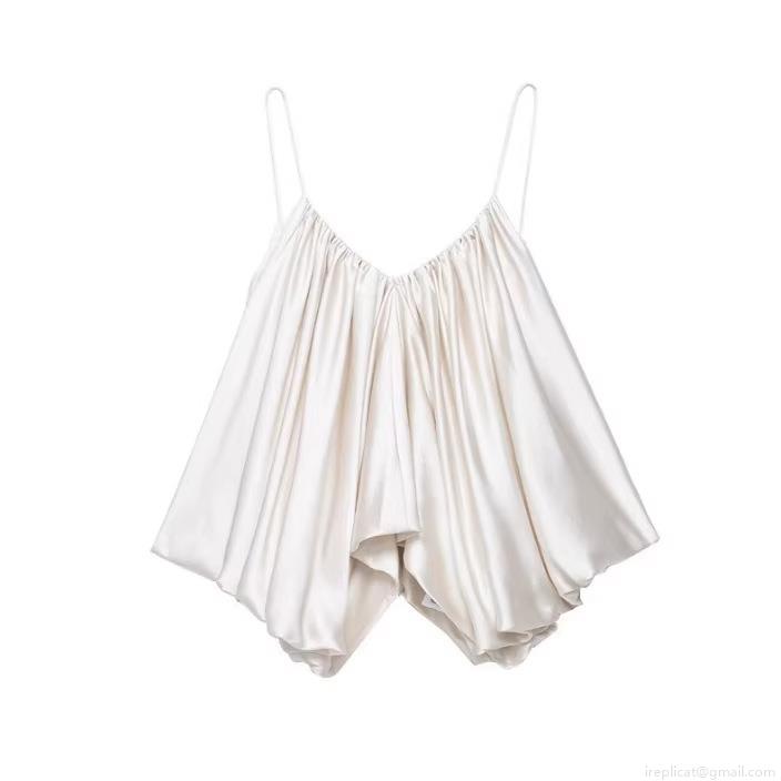 Women's Sexy V Neck Satin Pleated Camisole Top Spaghetti Strap Silk Texture Tank Top Solid Color Summer Streetwear Party Clubwear Sleeveless Blouse