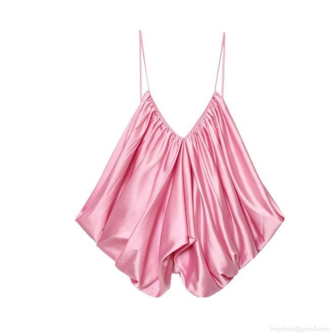 Women's Sexy V Neck Satin Pleated Camisole Top Spaghetti Strap Silk Texture Tank Top Solid Color Summer Streetwear Party Clubwear Sleeveless Blouse