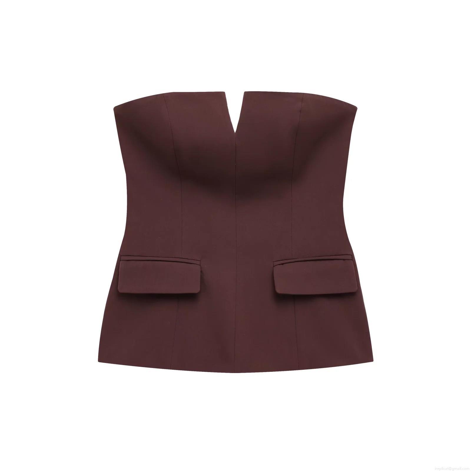 Women's Strapless Bustier Top Slim Fit V-Neck Notch Woven Tube Top with Decorative Pocket Flaps Sexy Corset Style Top for Party Clubwear Summer