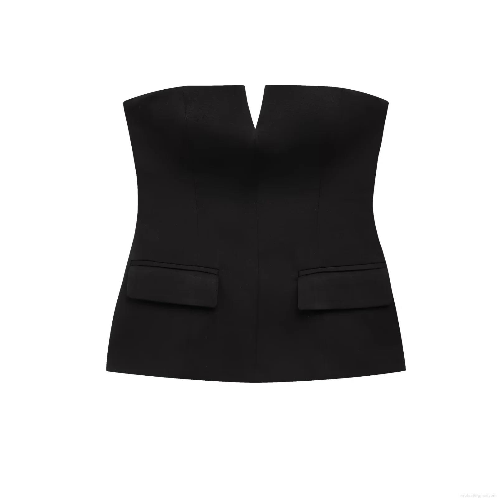 Women's Strapless Bustier Top Slim Fit V-Neck Notch Woven Tube Top with Decorative Pocket Flaps Sexy Corset Style Top for Party Clubwear Summer