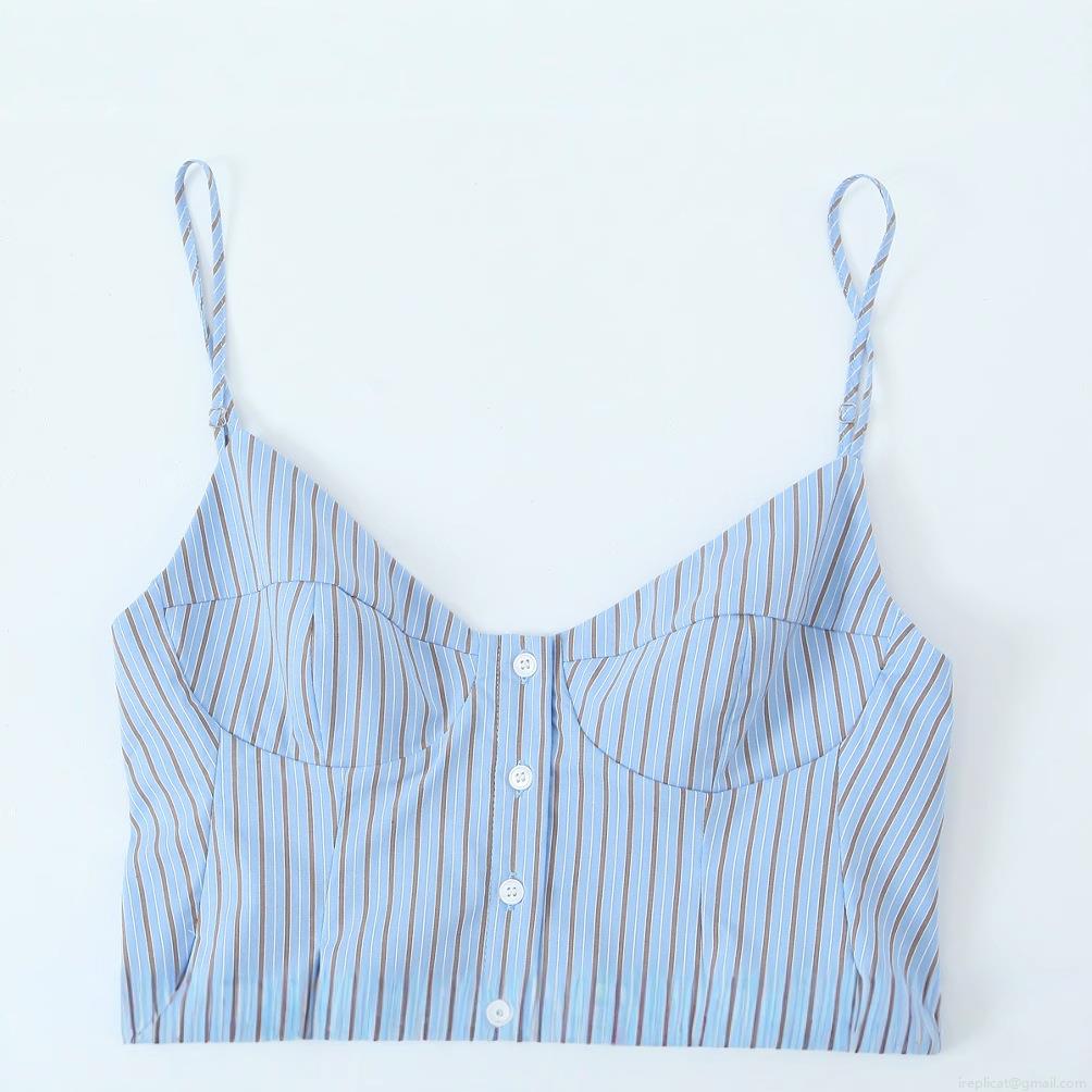 Women's Spaghetti Strap V Neck Button Down Camisole Top Pleated Peplum Poplin Striped Sexy Streetwear Summer Tank Tops