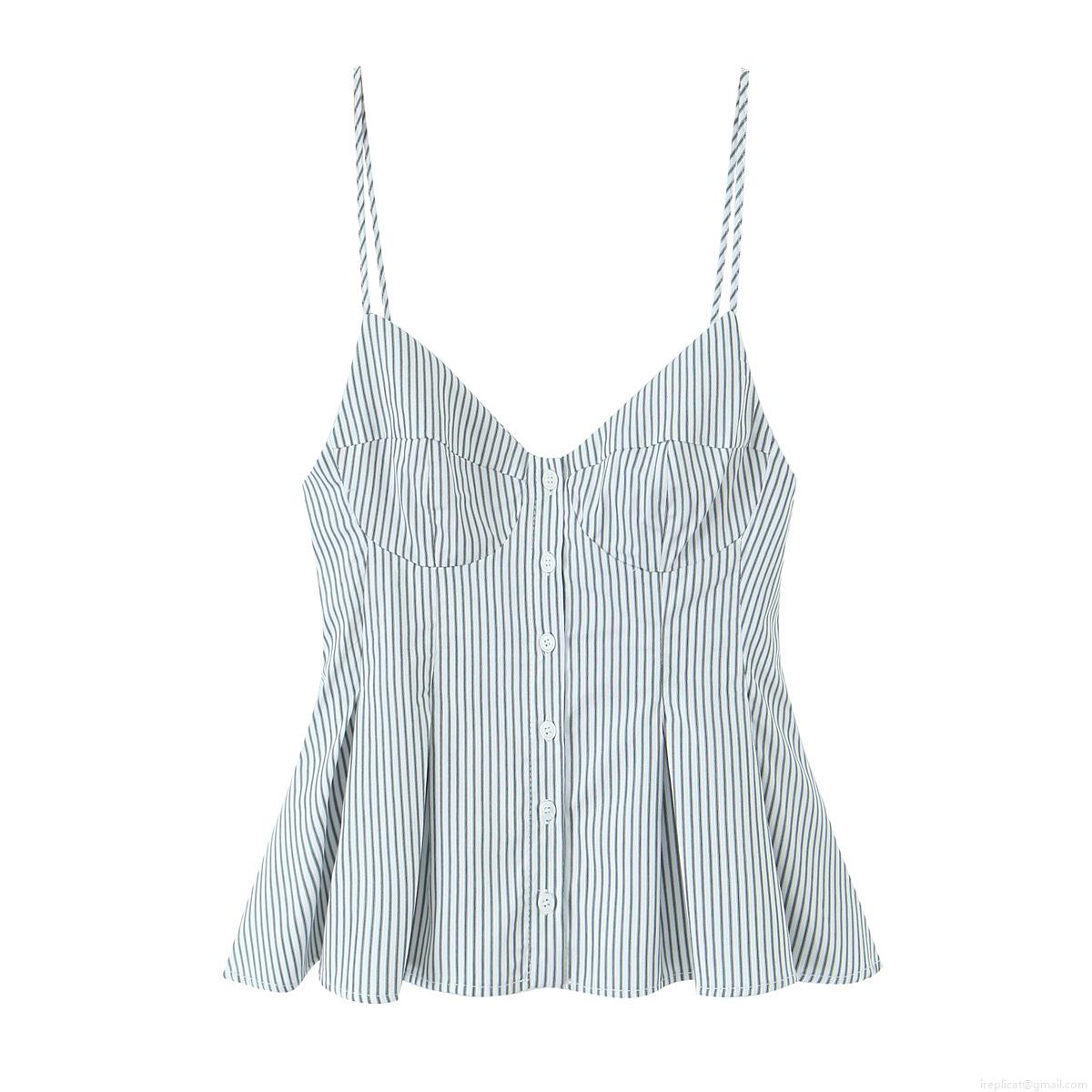 Women's Spaghetti Strap V Neck Button Down Camisole Top Pleated Peplum Poplin Striped Sexy Streetwear Summer Tank Tops