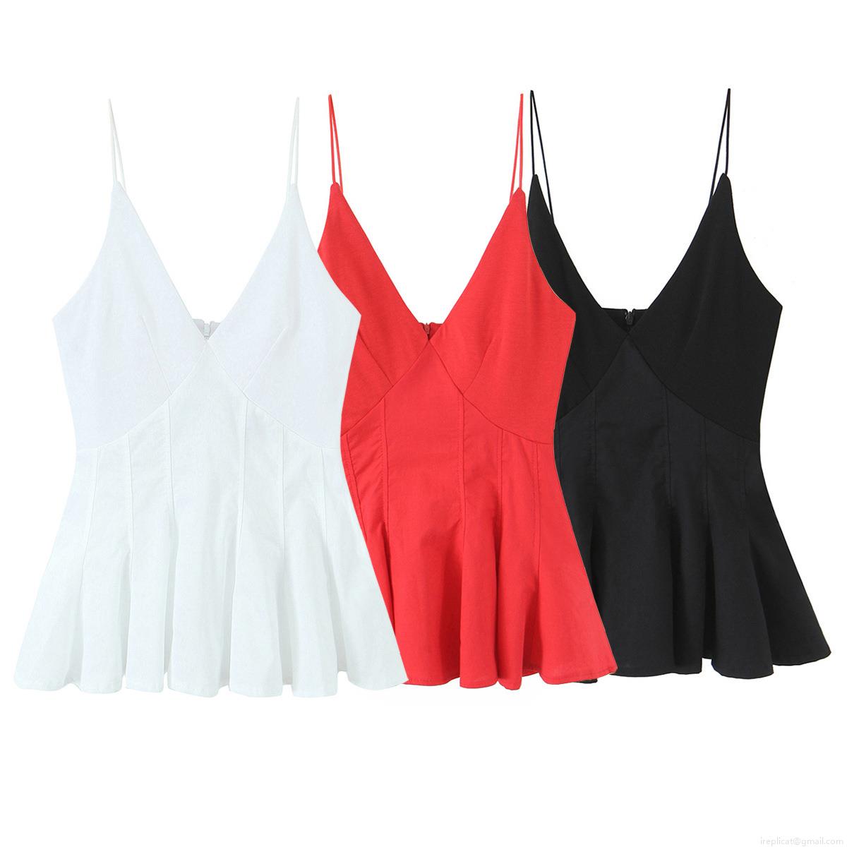 Women's Sexy Deep V Neck Spaghetti Strap Peplum Top Elegant Solid Color Polyester Back Zipper Camisole Short Ruffle Hem Summer Tank Top For Women Party Clubwear