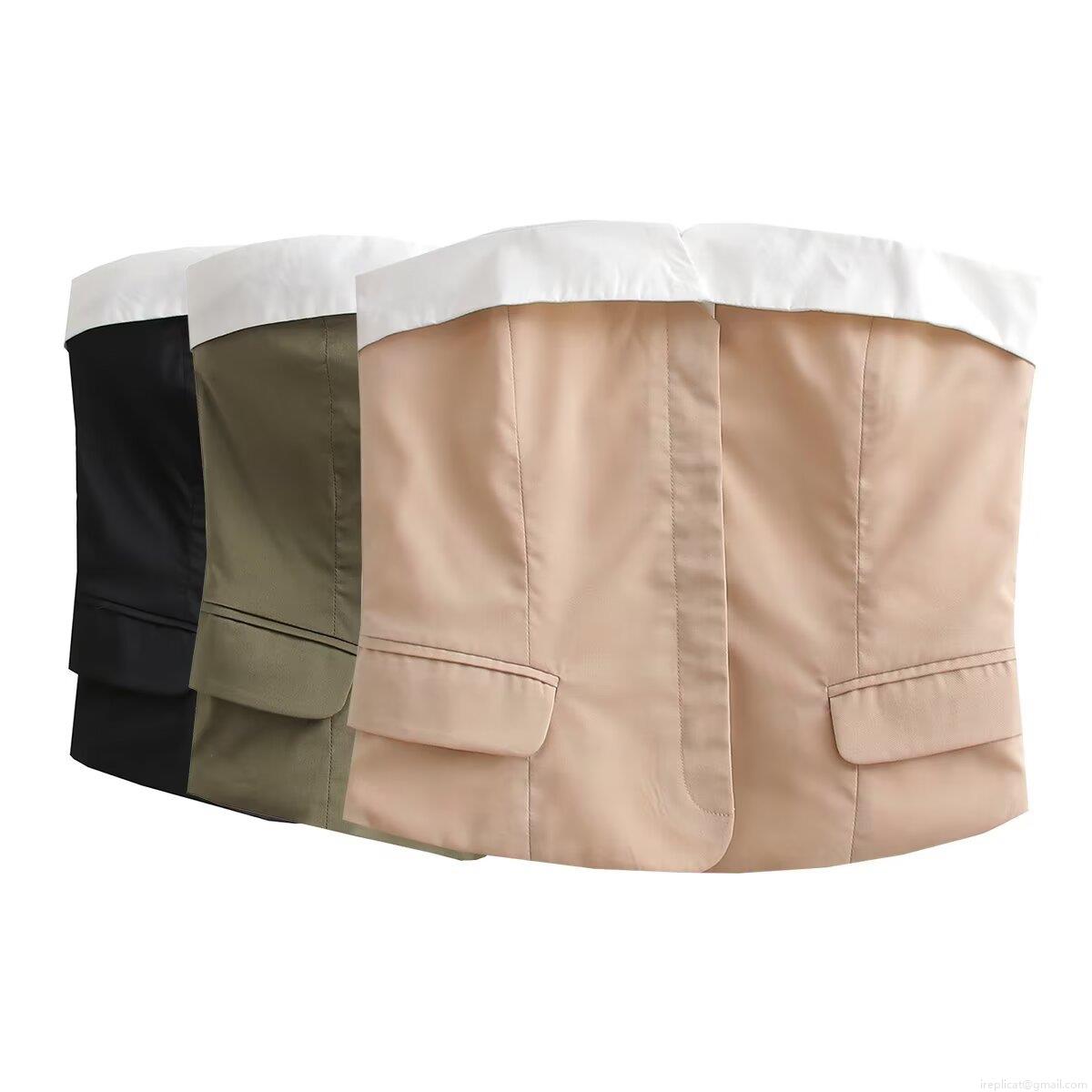 Women's Strapless Tube Top Polyester Contrast Color Corset Style Slim Fit Crop Top With Lapel Detail And Decorative Pockets For Daily Chic Streetwear