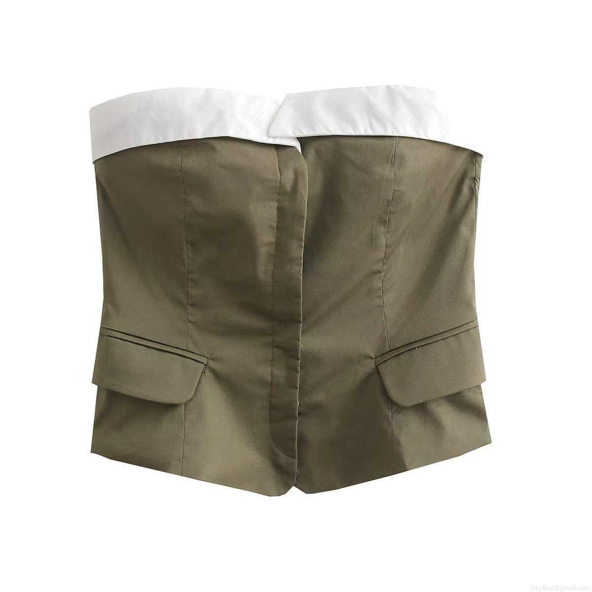Women's Strapless Tube Top Polyester Contrast Color Corset Style Slim Fit Crop Top With Lapel Detail And Decorative Pockets For Daily Chic Streetwear