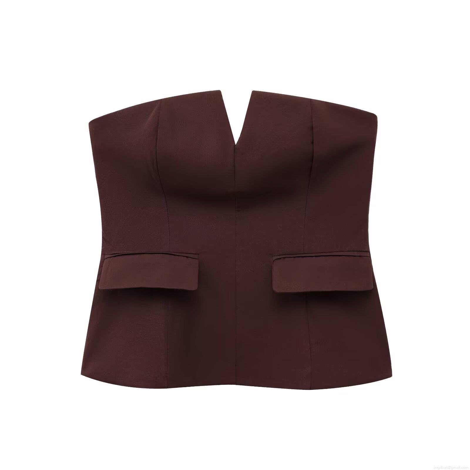Women's Sexy Strapless Tube Top Polyester Woven V-Notch Slim Fit Corset Top With Decorative Pocket Flaps Elegant Party Dating Clubwear For Women
