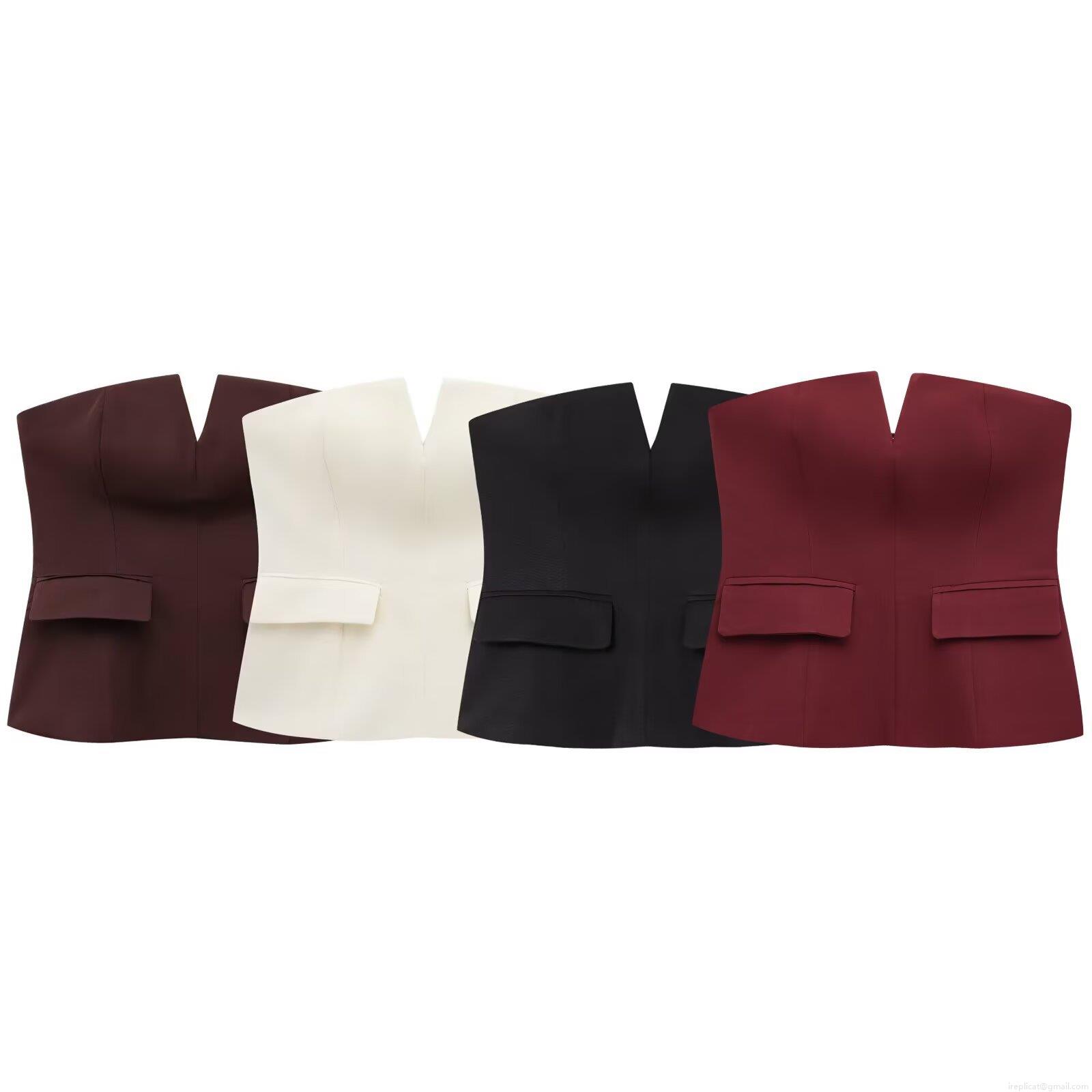 Women's Sexy Strapless Tube Top Polyester Woven V-Notch Slim Fit Corset Top With Decorative Pocket Flaps Elegant Party Dating Clubwear For Women