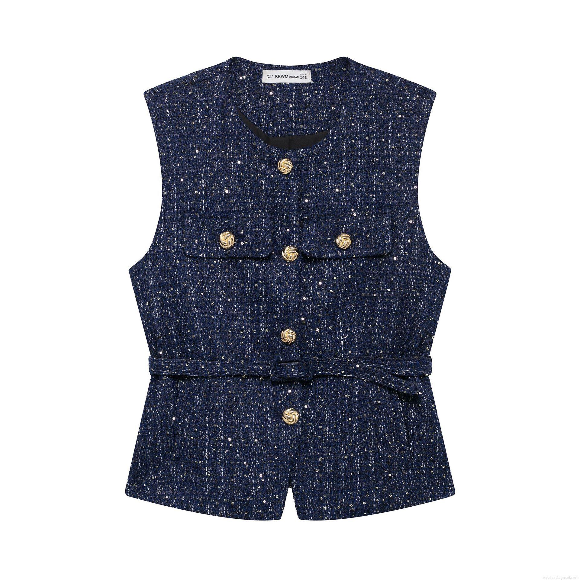 Women's Tweed Vest Sleeveless Top With Belt Sequin Metal Buttons Elegant Waistcoat For Party Daily Date Vintage Style Lady Fashion Clothing
