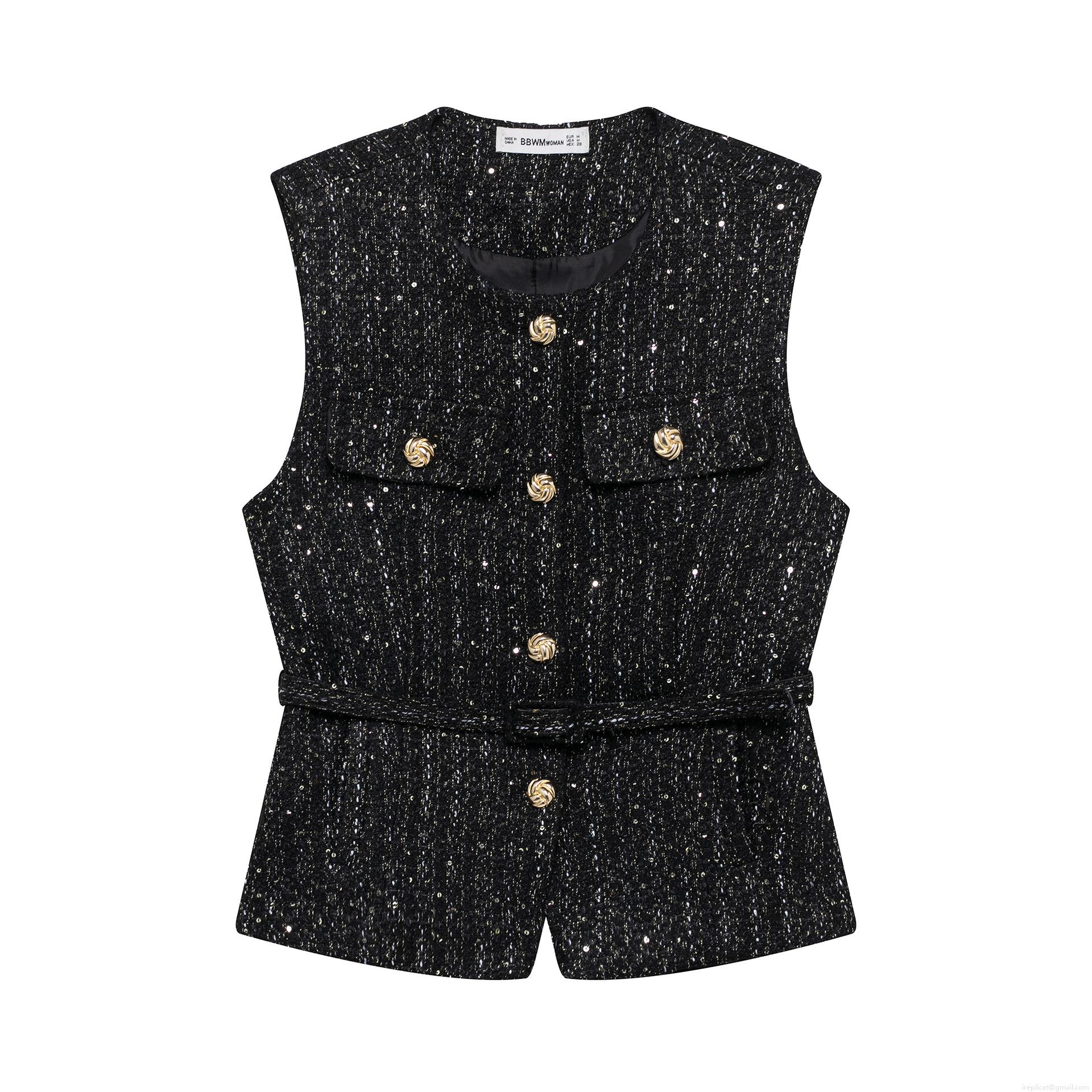Women's Tweed Vest Sleeveless Top With Belt Sequin Metal Buttons Elegant Waistcoat For Party Daily Date Vintage Style Lady Fashion Clothing