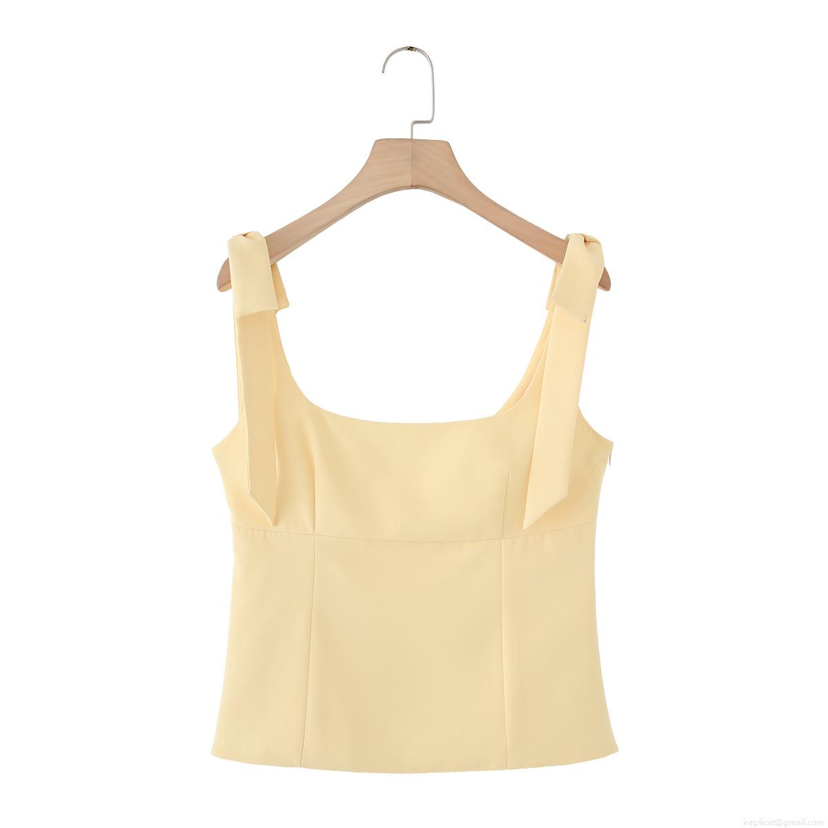 Women's Sexy Square Neck Camisole Top With Bow Shoulder Straps Slim Fit Acrylic Spandex Elastic Twill Side Zipper Sleeveless Blouse For Streetwear Daily Dating Party