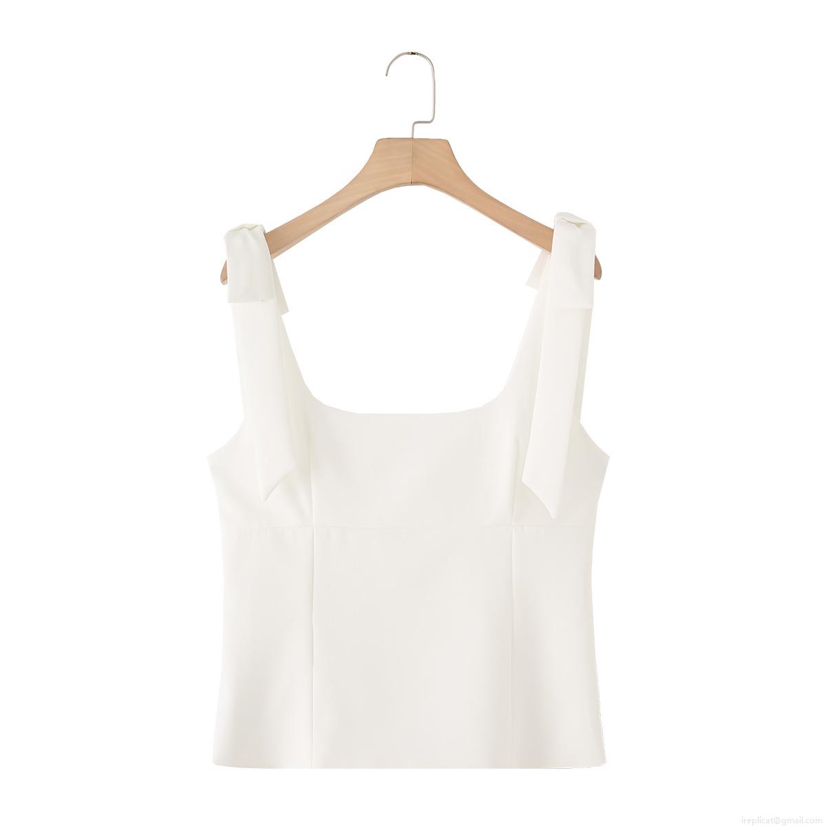 Women's Sexy Square Neck Camisole Top With Bow Shoulder Straps Slim Fit Acrylic Spandex Elastic Twill Side Zipper Sleeveless Blouse For Streetwear Daily Dating Party