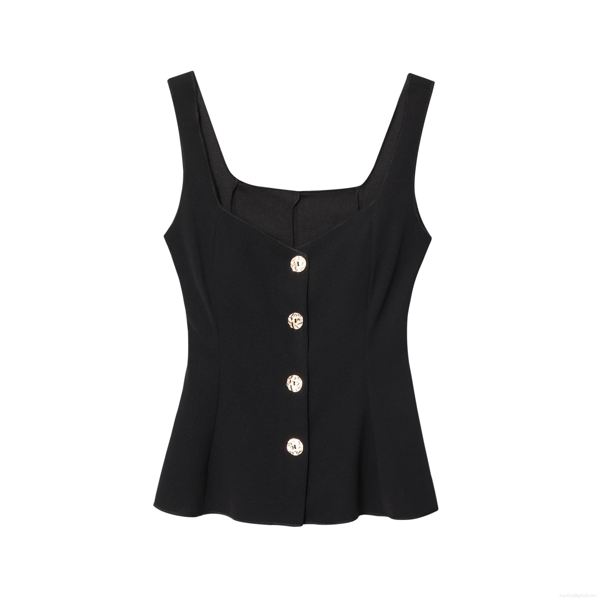 Women's Elegant Peplum Tank Top Square Neck Sleeveless Polyester Vest with Gold Buttons Slim Fit Solid Color Top for Party Clubwear Summer Cami