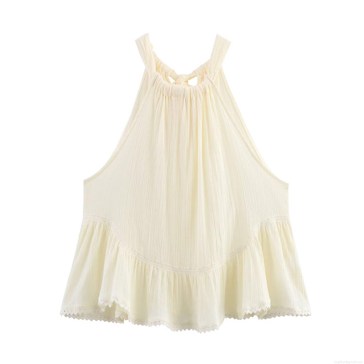 Women Summer Halter Tank Top 100% Cotton Yarn Lace Patchwork Ruffle Hem Bow Tie Neck Sleeveless Wrinkled Boho Camisole Top For Vacation Daily Wear