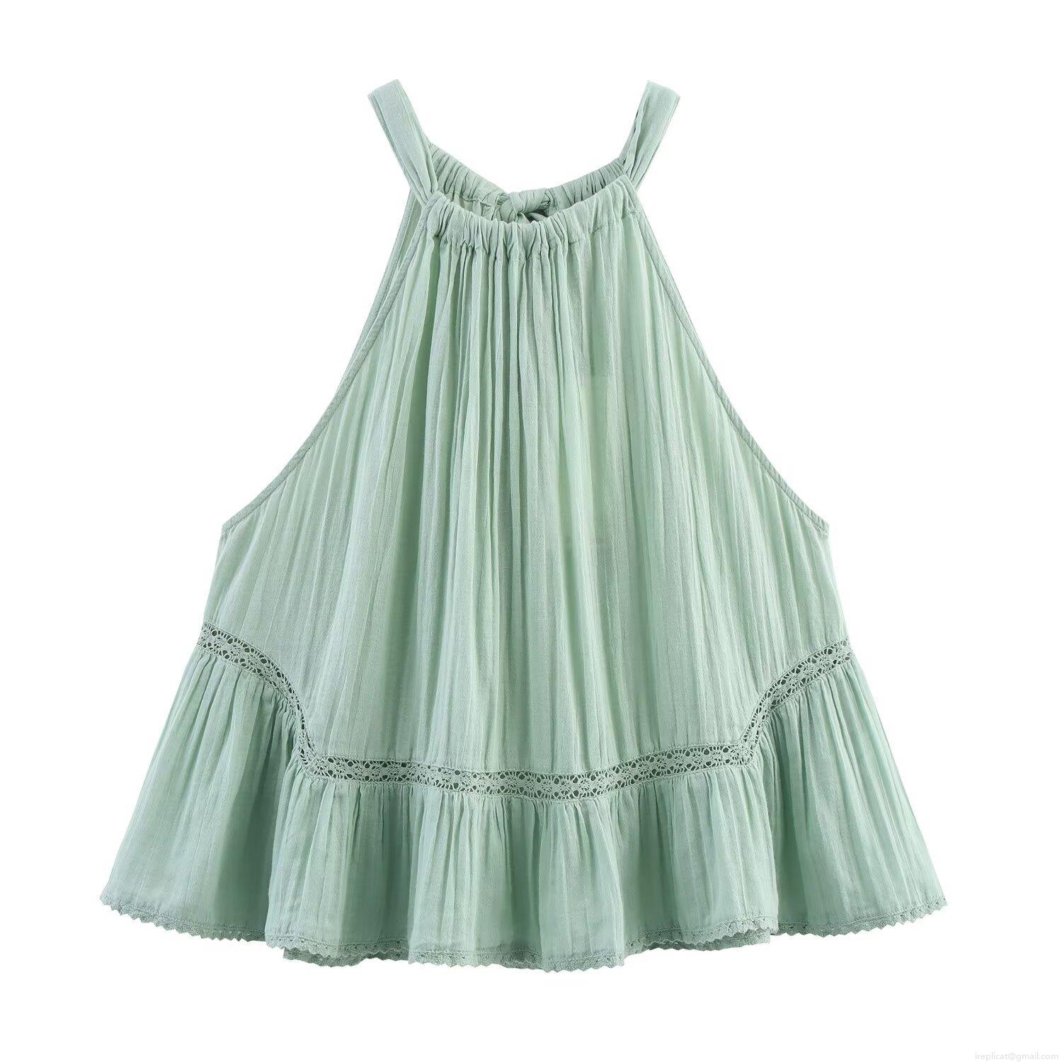 Women Summer Halter Tank Top 100% Cotton Yarn Lace Patchwork Ruffle Hem Bow Tie Neck Sleeveless Wrinkled Boho Camisole Top For Vacation Daily Wear