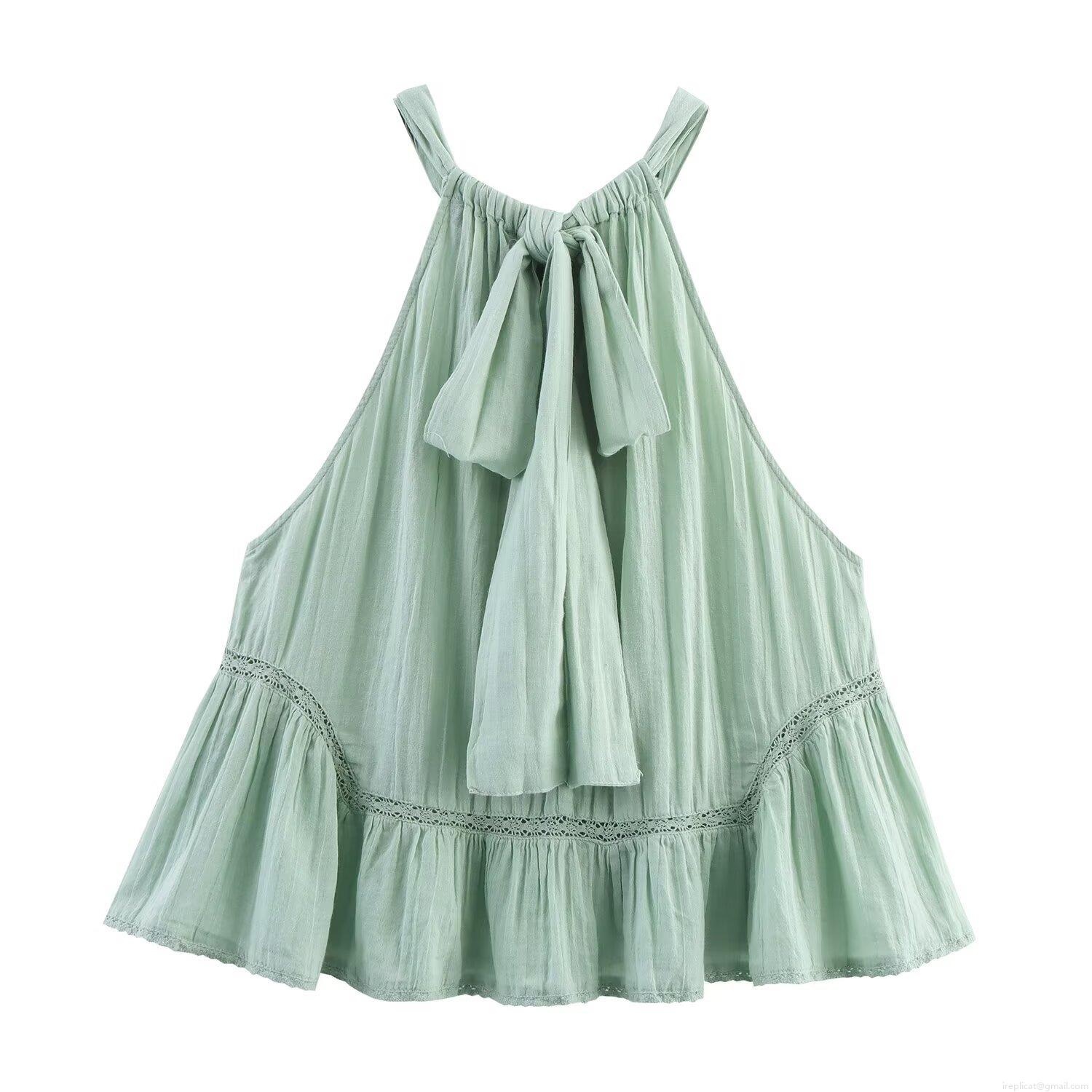Women Summer Halter Tank Top 100% Cotton Yarn Lace Patchwork Ruffle Hem Bow Tie Neck Sleeveless Wrinkled Boho Camisole Top For Vacation Daily Wear