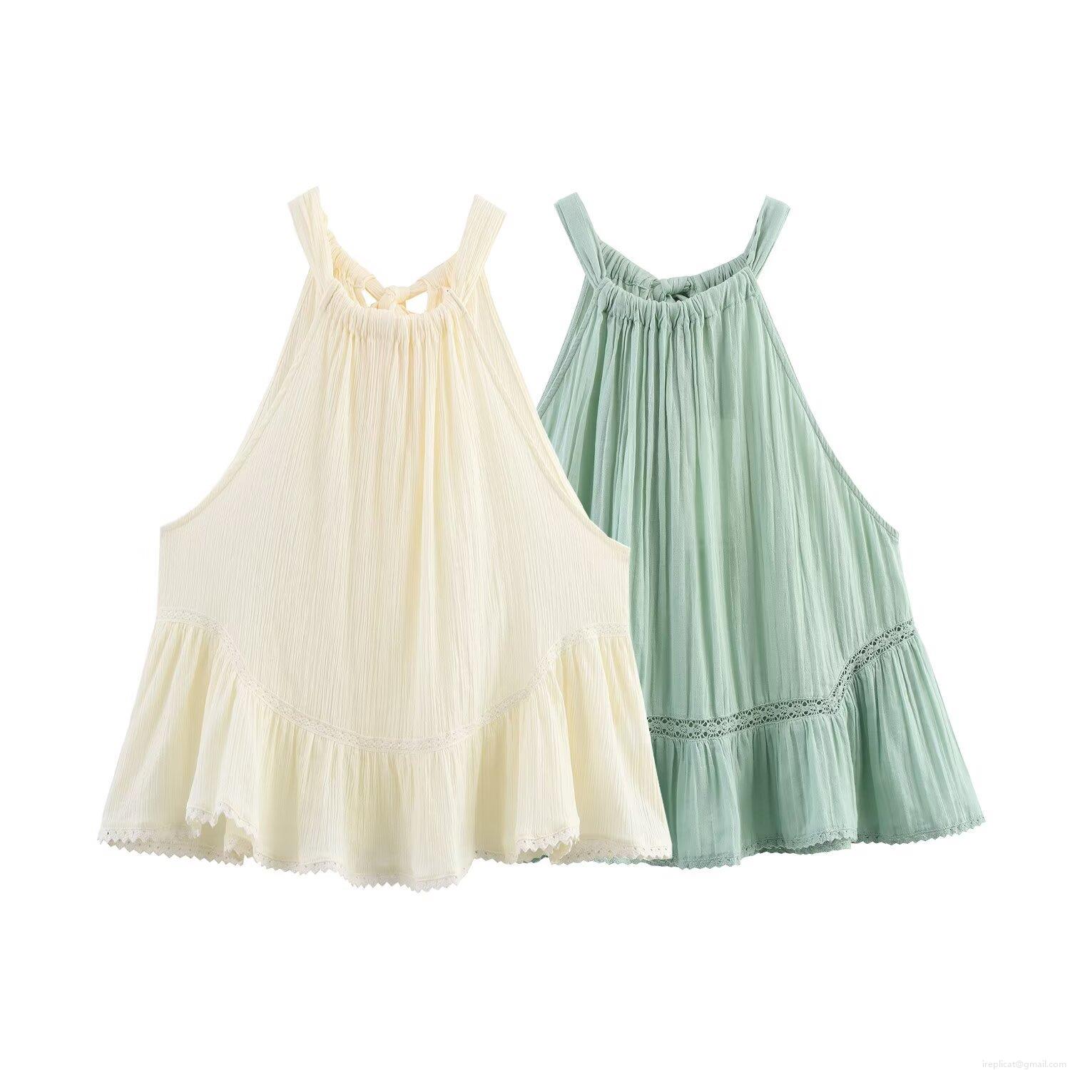Women Summer Halter Tank Top 100% Cotton Yarn Lace Patchwork Ruffle Hem Bow Tie Neck Sleeveless Wrinkled Boho Camisole Top For Vacation Daily Wear