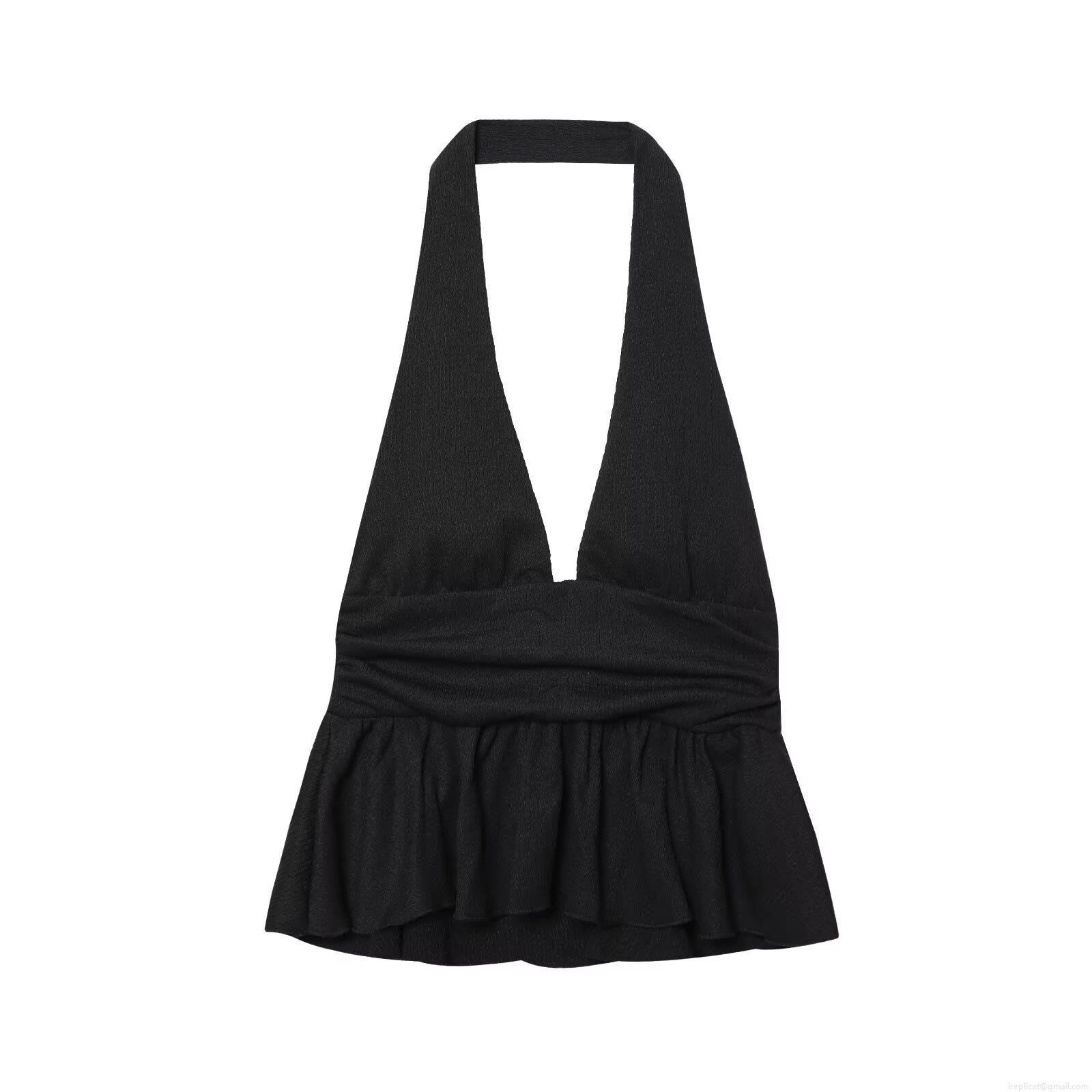 Women Sexy Halter Neck Ruffle Hem Crop Top Pleated Polka Dot Sleeveless Backless Summer Tank Top For Party Dating Fashion Ladies Seersucker Apparel