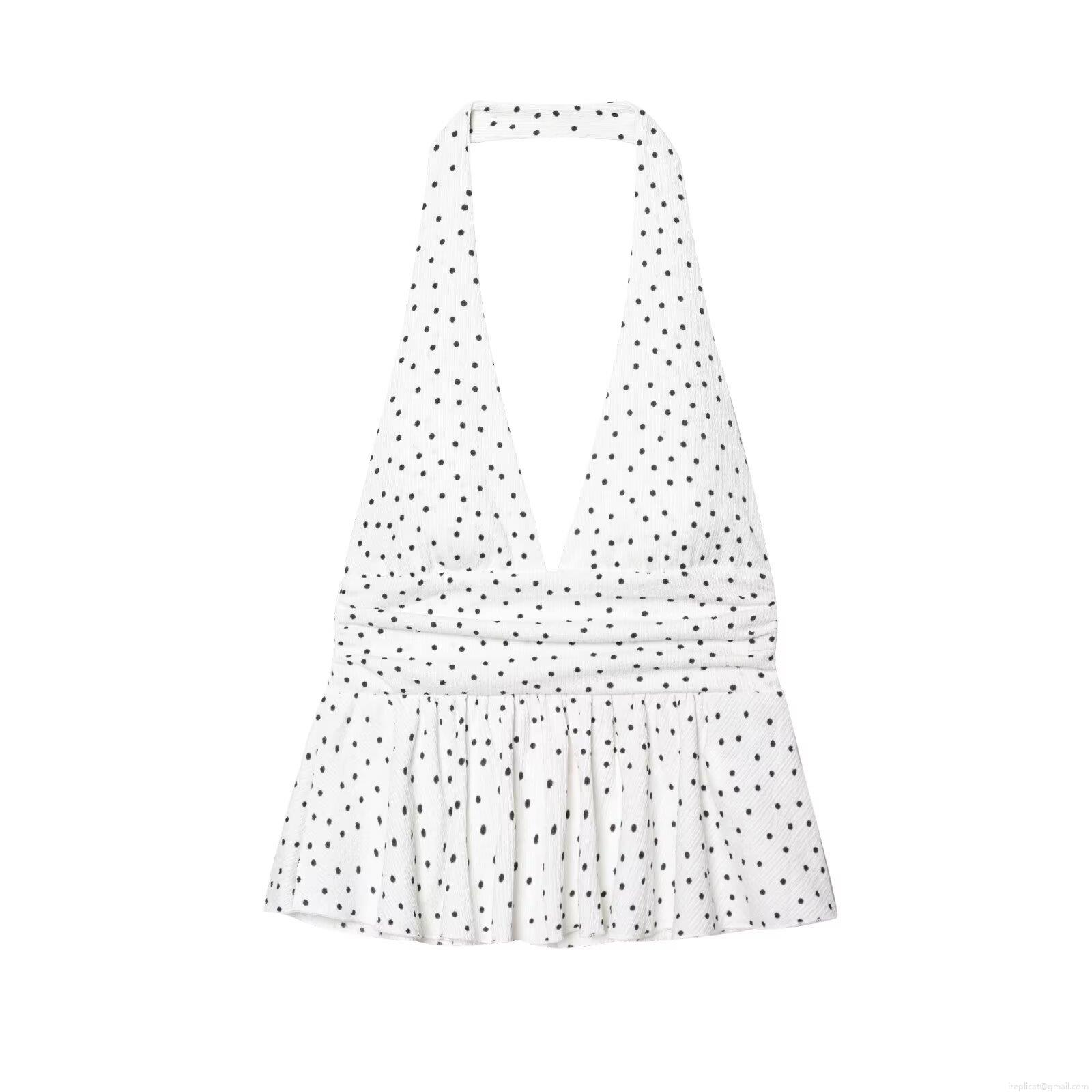 Women Sexy Halter Neck Ruffle Hem Crop Top Pleated Polka Dot Sleeveless Backless Summer Tank Top For Party Dating Fashion Ladies Seersucker Apparel