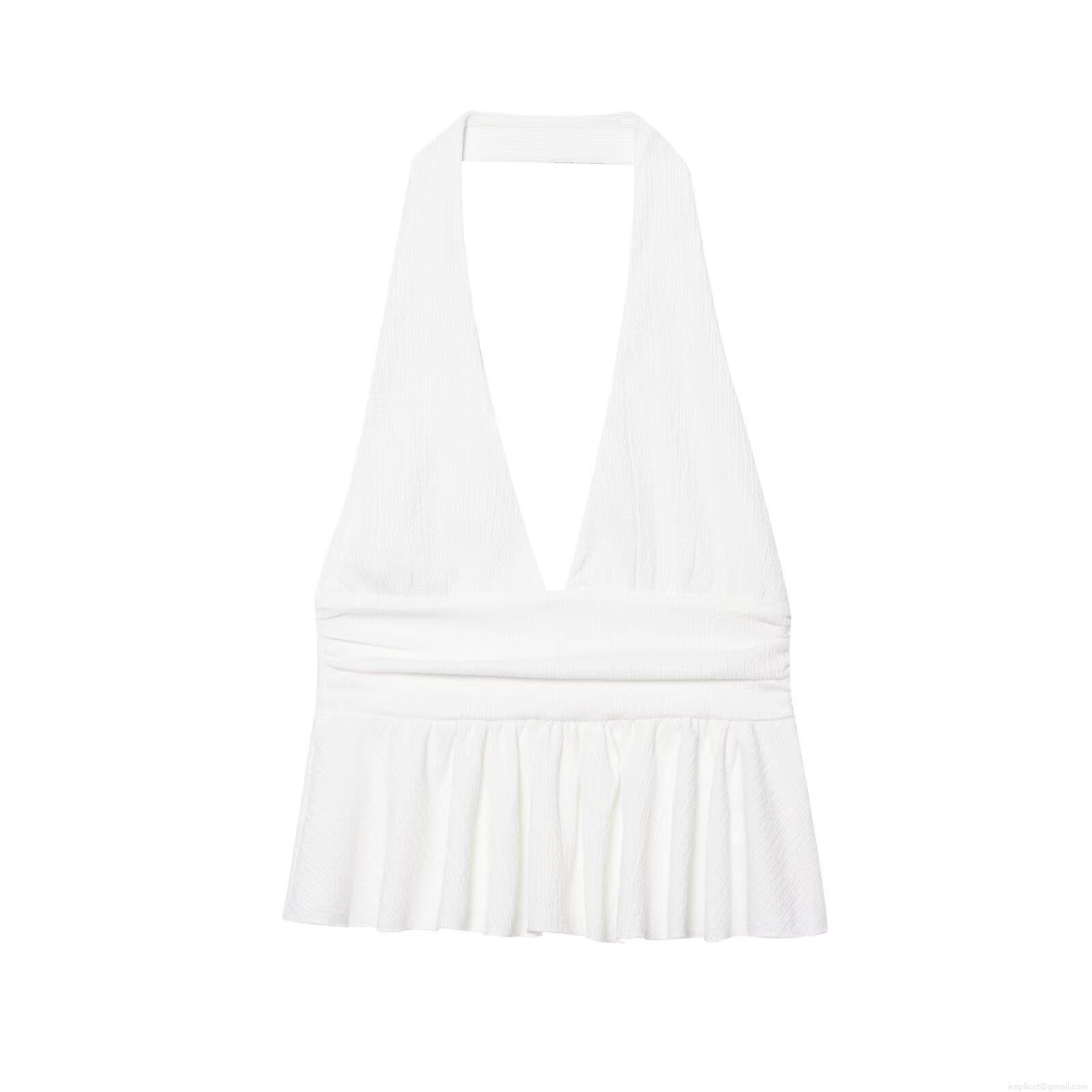 Women Sexy Halter Neck Ruffle Hem Crop Top Pleated Polka Dot Sleeveless Backless Summer Tank Top For Party Dating Fashion Ladies Seersucker Apparel