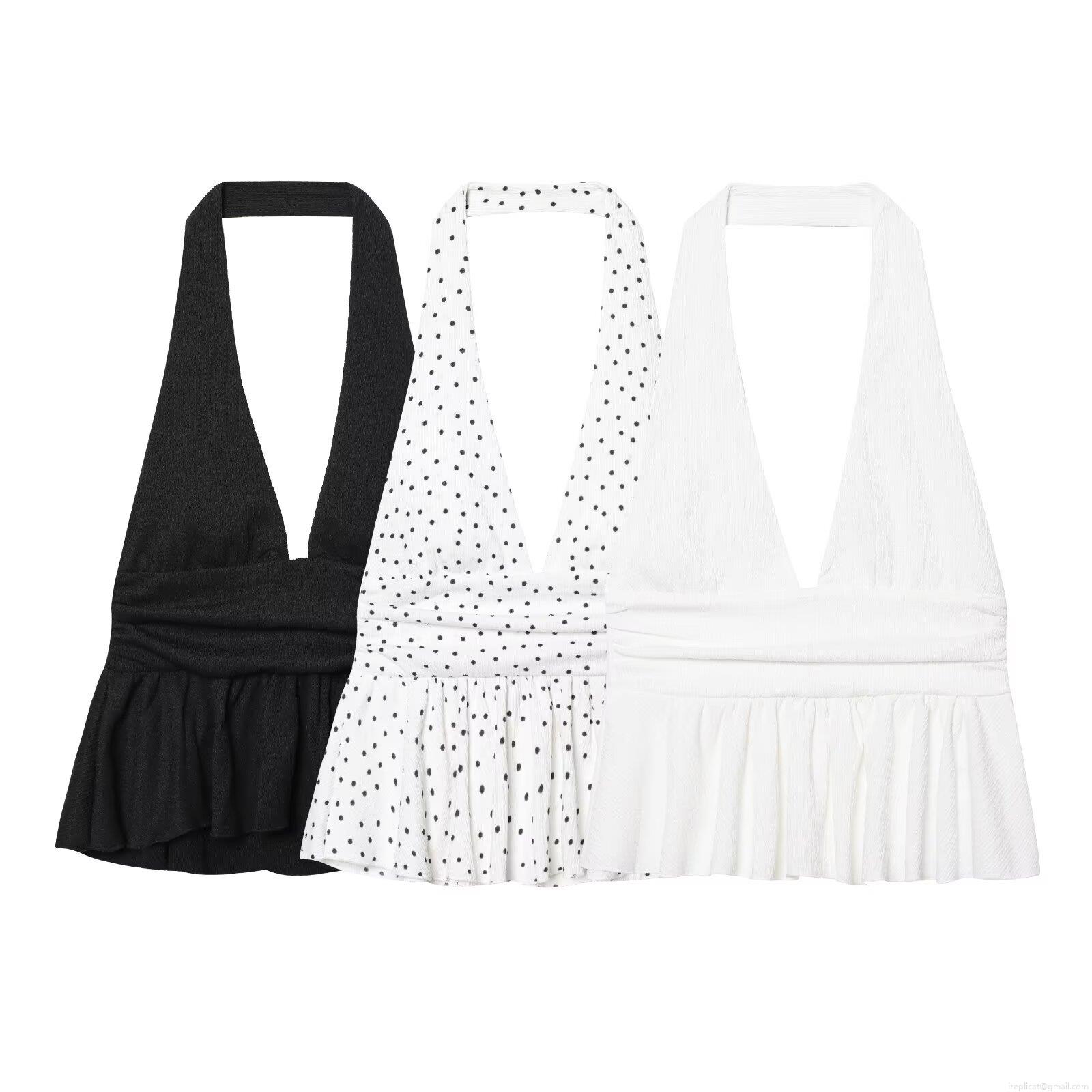 Women Sexy Halter Neck Ruffle Hem Crop Top Pleated Polka Dot Sleeveless Backless Summer Tank Top For Party Dating Fashion Ladies Seersucker Apparel