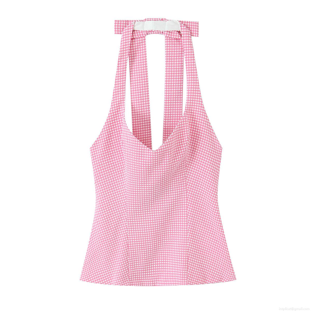 Sexy Halter Neck Bow Backless Sleeveless Top For Women Slim Fit Polyester Gingham Solid Tank Top Summer Party Clubwear