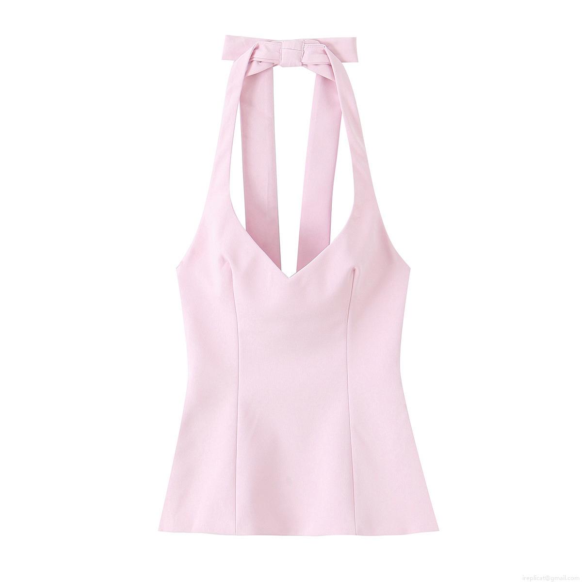Sexy Halter Neck Bow Backless Sleeveless Top For Women Slim Fit Polyester Gingham Solid Tank Top Summer Party Clubwear