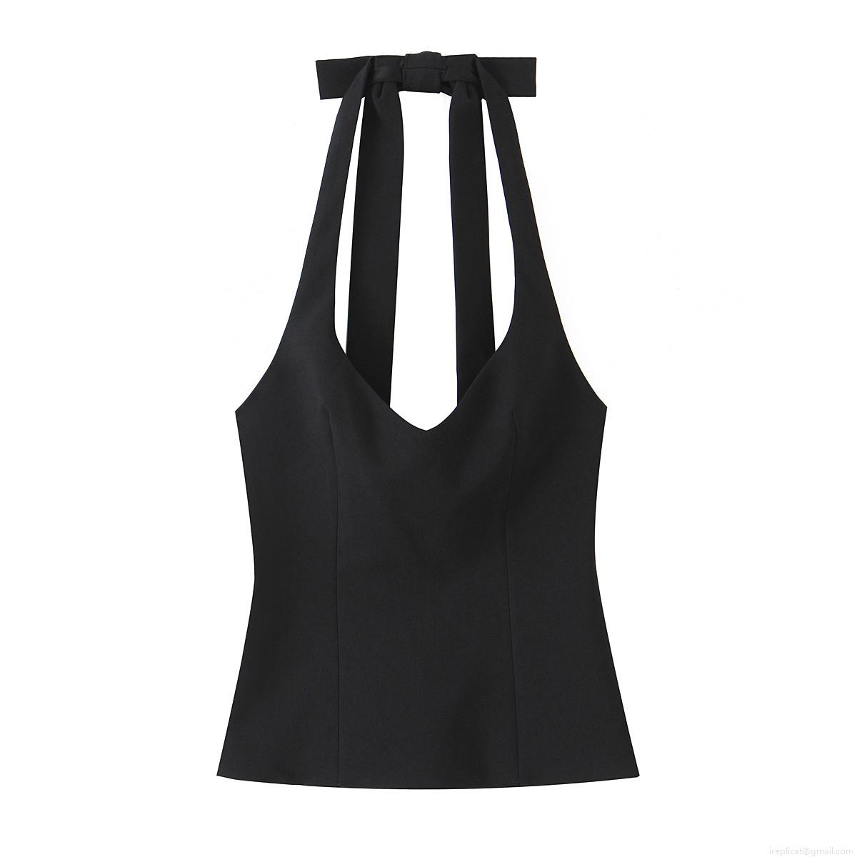 Sexy Halter Neck Bow Backless Sleeveless Top For Women Slim Fit Polyester Gingham Solid Tank Top Summer Party Clubwear