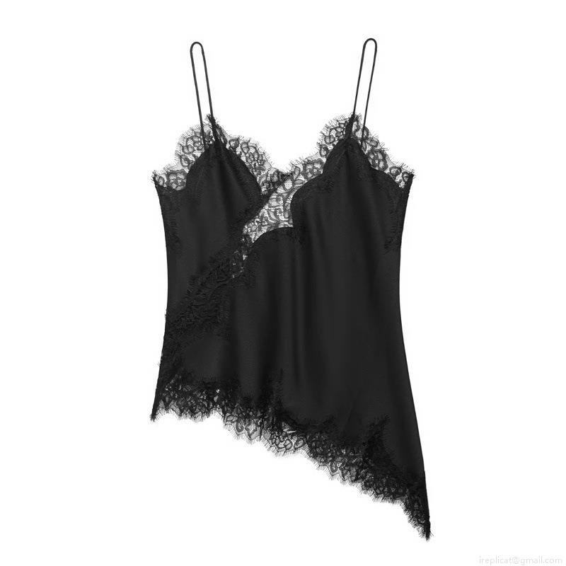 Women Sexy Satin Lace Camisole V Neck Spaghetti Strap Irregular Hem Lingerie Style Tank Top Silk Texture Lace Trim Cami Top For Party Clubwear