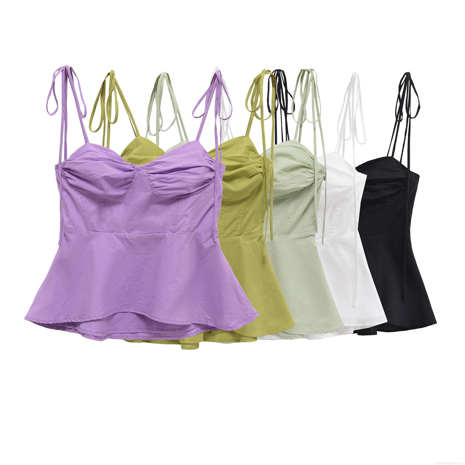 Women's Sexy Solid Color Peplum Camisole Top With Tie-up Straps And Pleated Bust Sleeveless Polyester Summer Tops For Women Streetwear Party Dating