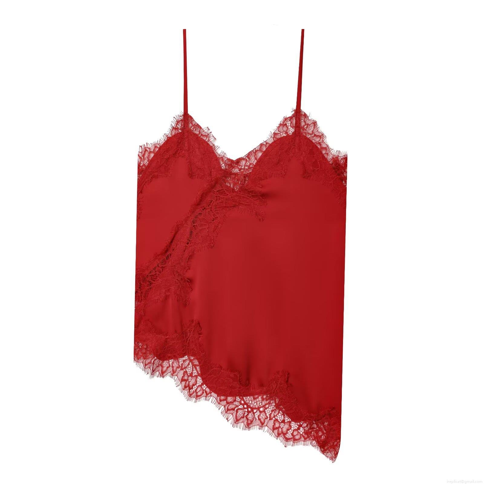 Women Sexy Satin Camisole Lace Patchwork Irregular Hem V-Neck Sleeveless Top Solid Color Tank Top For Party Clubwear Streetwear Casual Spring Summer