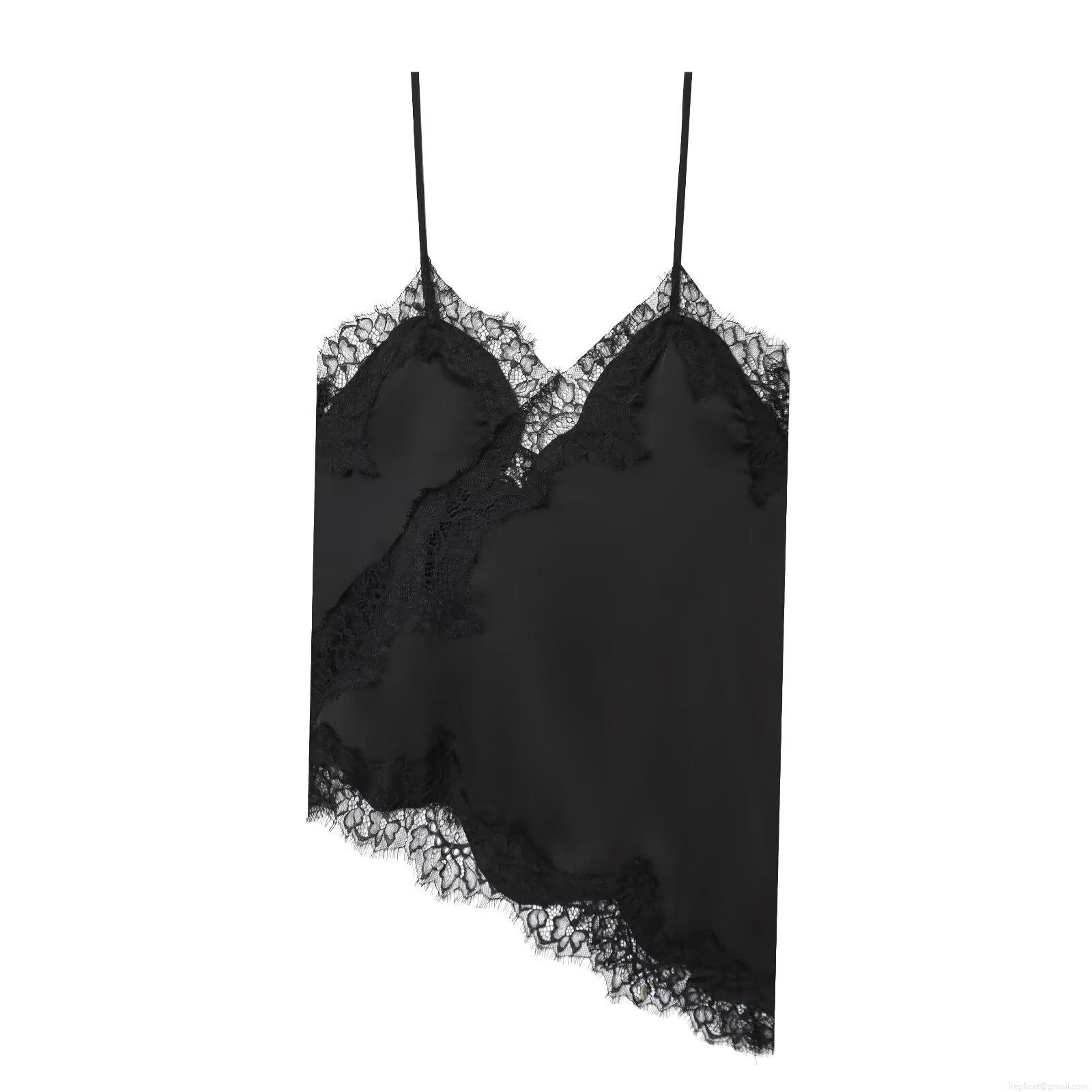 Women Sexy Satin Camisole Lace Patchwork Irregular Hem V-Neck Sleeveless Top Solid Color Tank Top For Party Clubwear Streetwear Casual Spring Summer