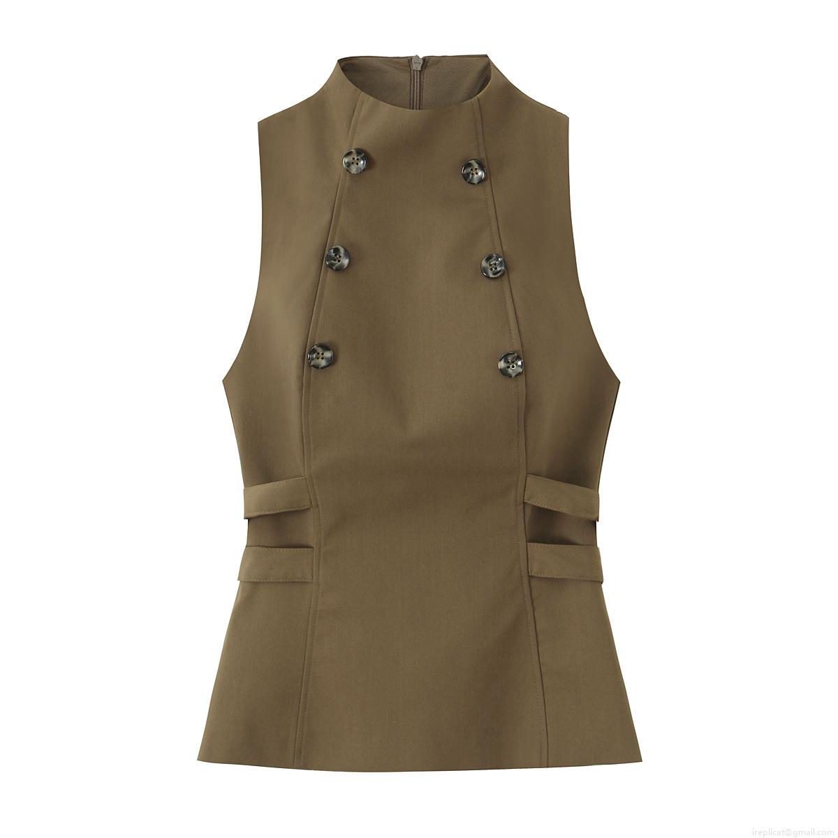 Women Sleeveless Double Breasted Vest Top Polyester Twill High Neck Side Cutout Straps Slim Fit Back Zipper Waistcoat For Office Daily Wear Fashion Lady