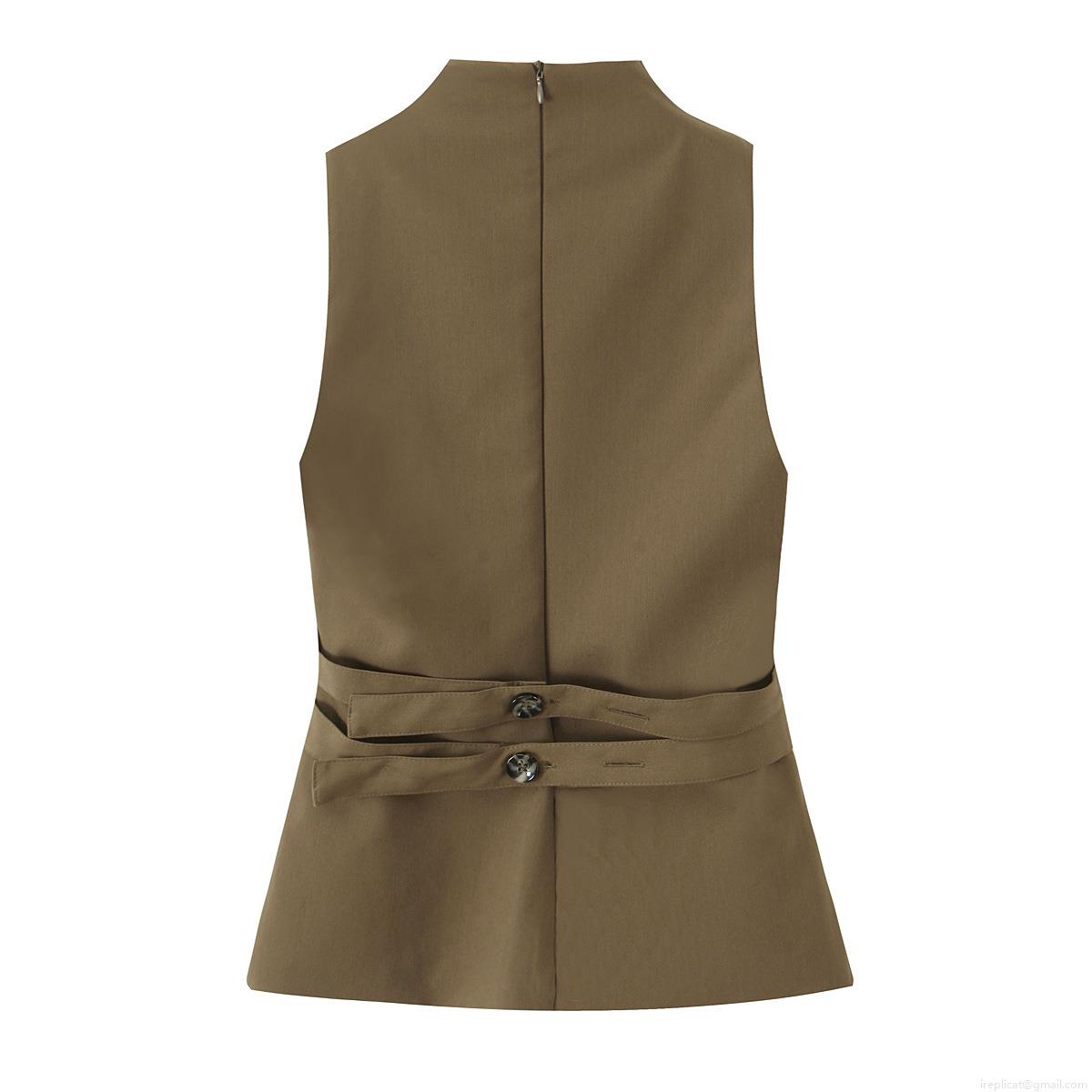 Women Sleeveless Double Breasted Vest Top Polyester Twill High Neck Side Cutout Straps Slim Fit Back Zipper Waistcoat For Office Daily Wear Fashion Lady