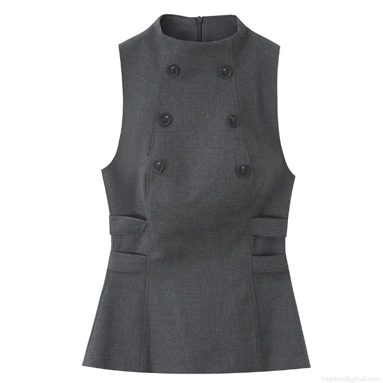 Women Sleeveless Double Breasted Vest Top Polyester Twill High Neck Side Cutout Straps Slim Fit Back Zipper Waistcoat For Office Daily Wear Fashion Lady