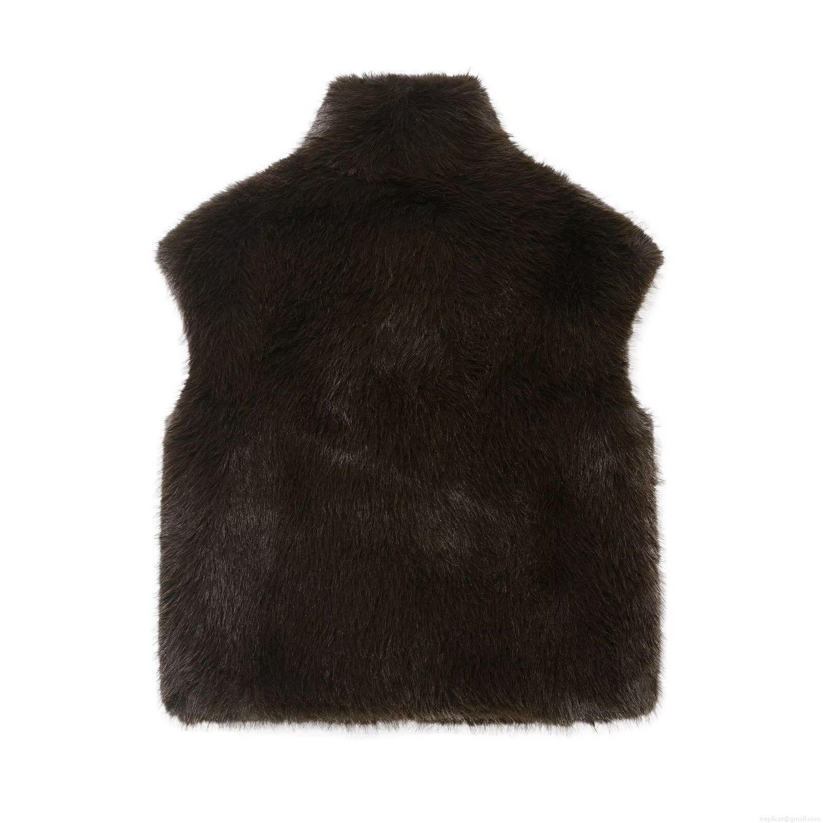 Fashion Women's Faux Fur Vest Sleeveless Stand Collar Metal Zipper Solid Deep Brown Warm Waistcoat For Autumn Winter Outdoor Casual Streetwear