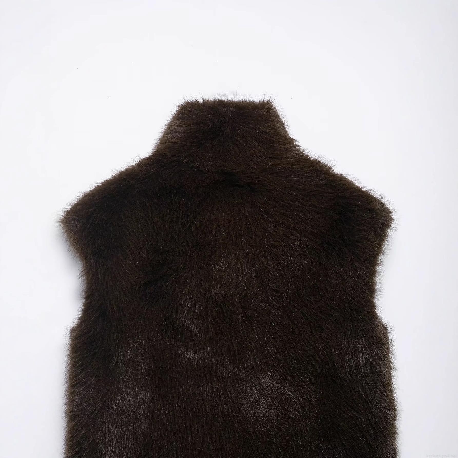 Fashion Women's Faux Fur Vest Sleeveless Stand Collar Metal Zipper Solid Deep Brown Warm Waistcoat For Autumn Winter Outdoor Casual Streetwear