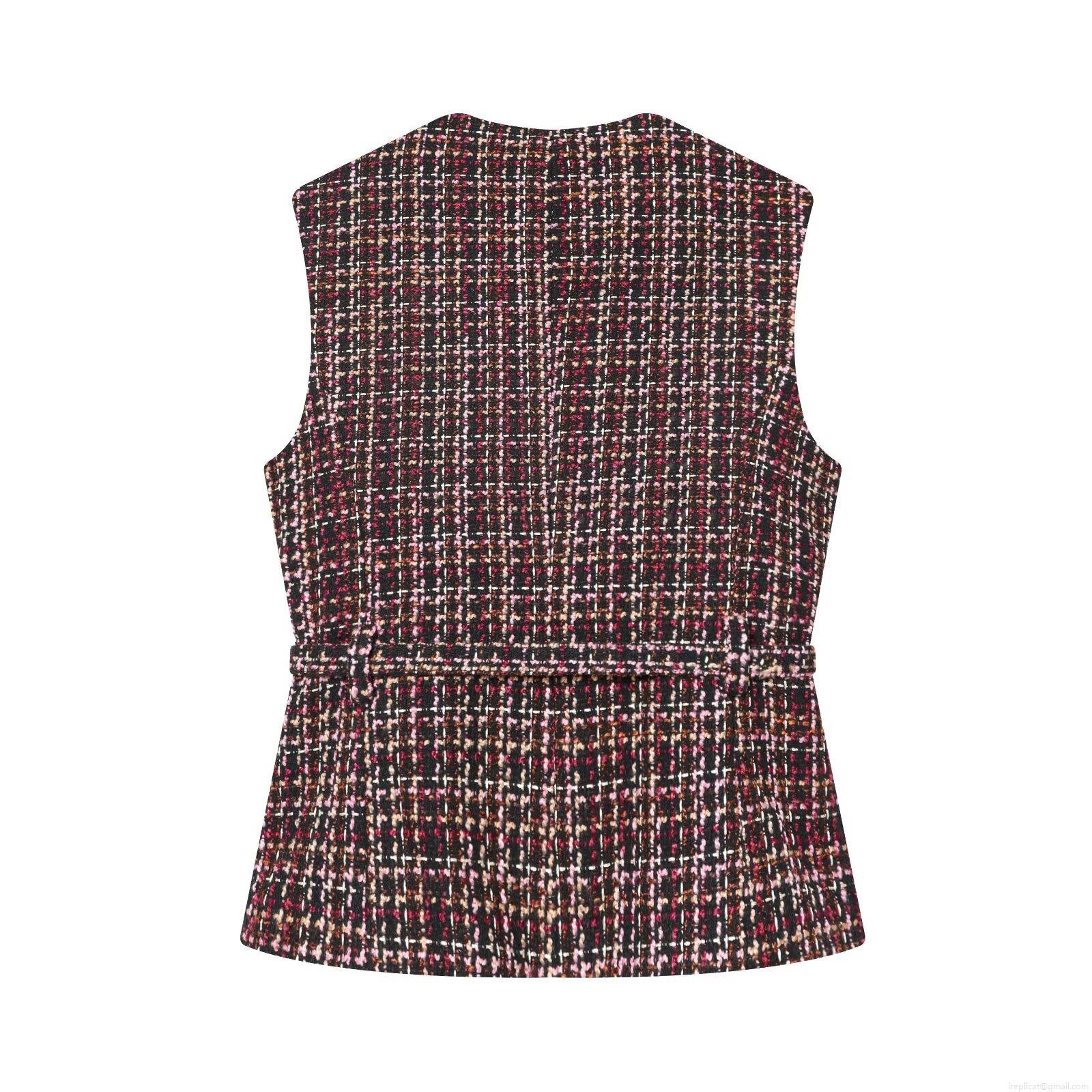 Women's Vintage Tweed Vest Elegant Plaid Sleeveless Tank Top With Gold Buttons And Belt Classic Knit Outerwear For Office Party Casual Wear