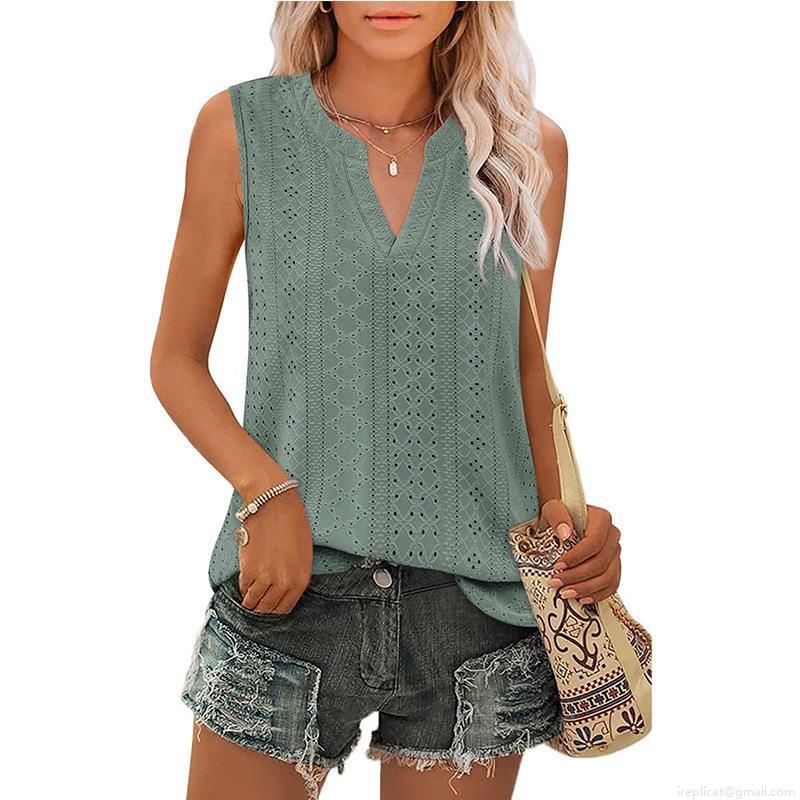 Women Sleeveless V Neck Tank Top 95% Polyester 5% Spandex Hollow Out Eyelet Embroidery Summer Casual Loose Vest For Women