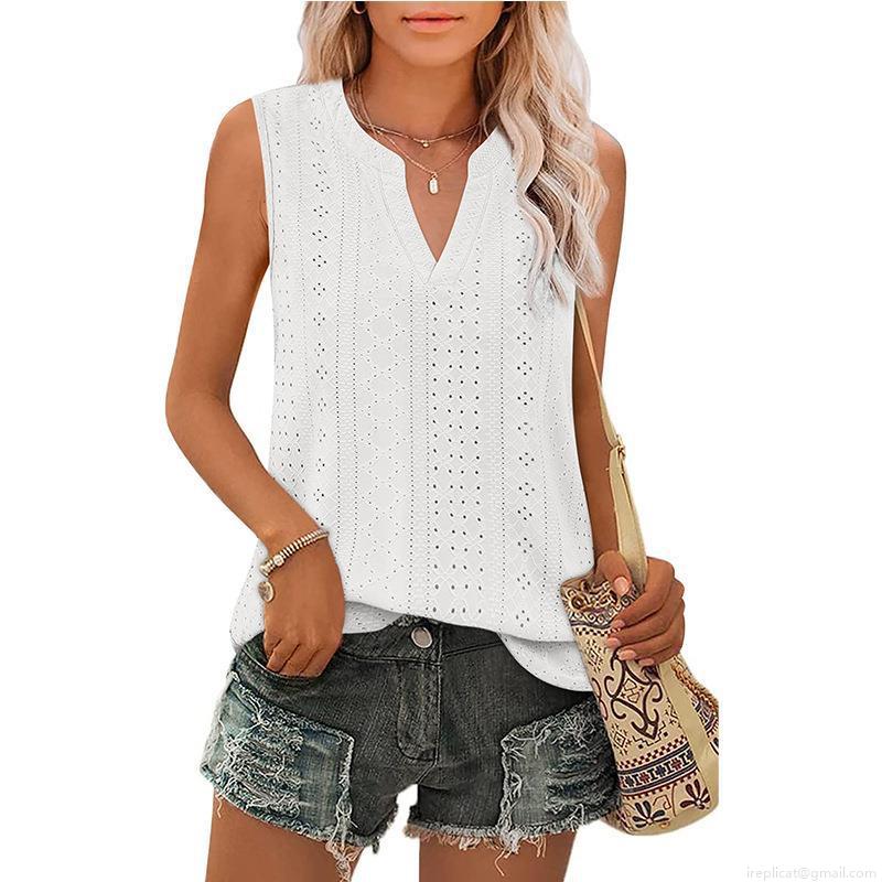 Women Sleeveless V Neck Tank Top 95% Polyester 5% Spandex Hollow Out Eyelet Embroidery Summer Casual Loose Vest For Women