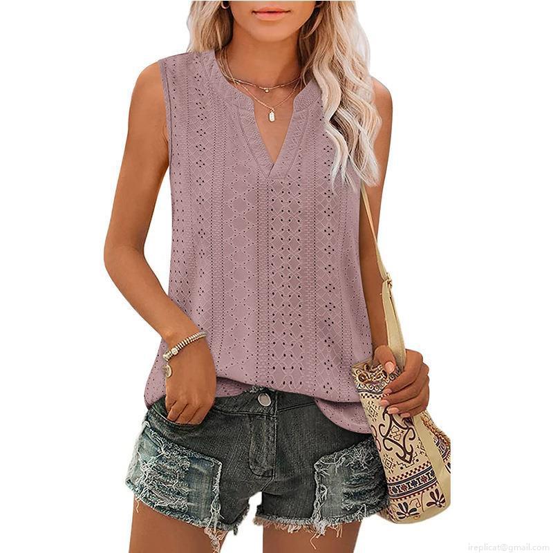 Women Sleeveless V Neck Tank Top 95% Polyester 5% Spandex Hollow Out Eyelet Embroidery Summer Casual Loose Vest For Women